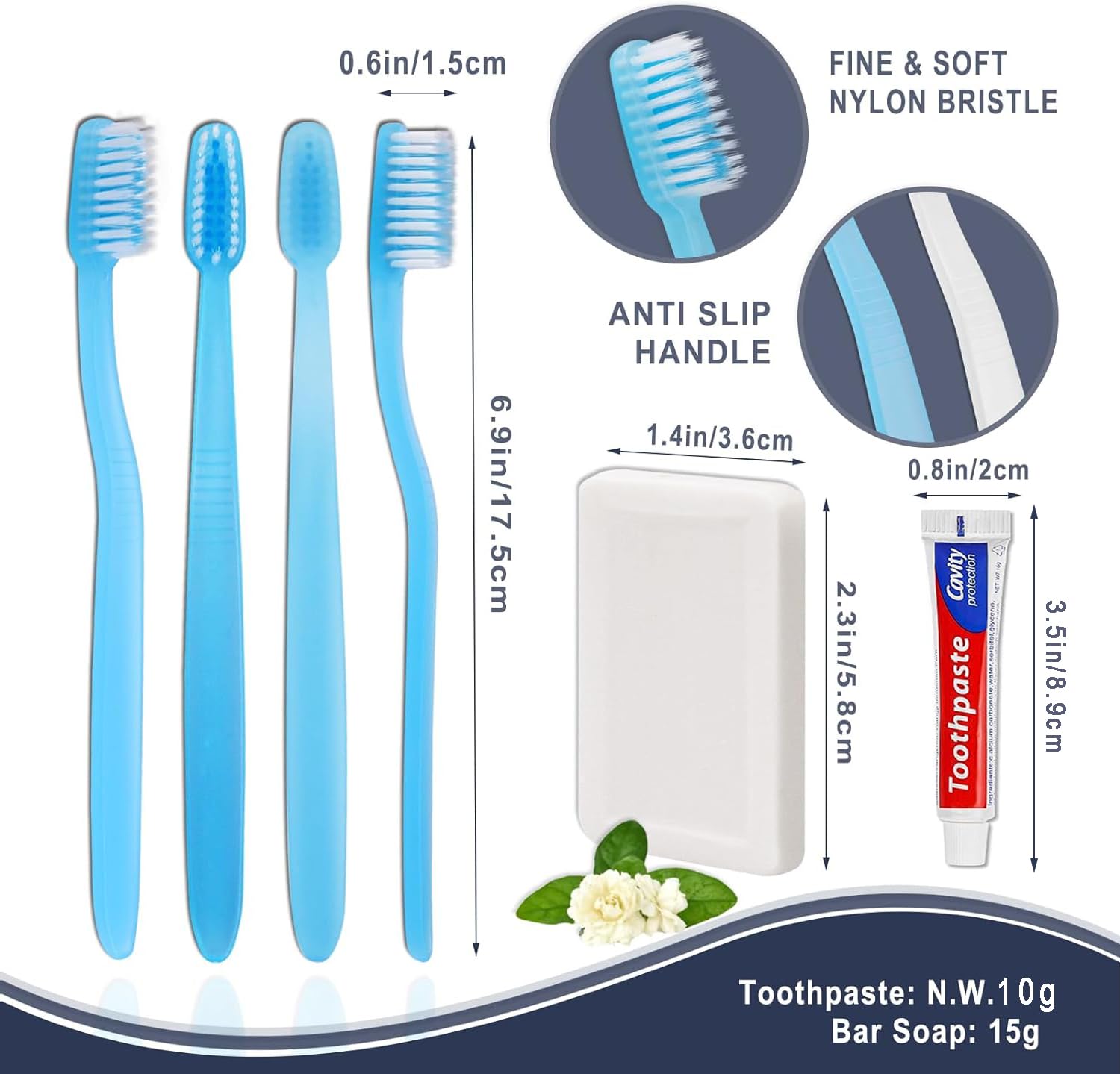 100 Pack Disposable Toothbrushes with Toothpaste & Soap - Individually Wrapped Travel Toothbrushes (Blue/White) & 100 Mini Bar Soaps (0.5 oz) - Perfect for Hotels, Camping, Emergency Kits & Airplane Travel