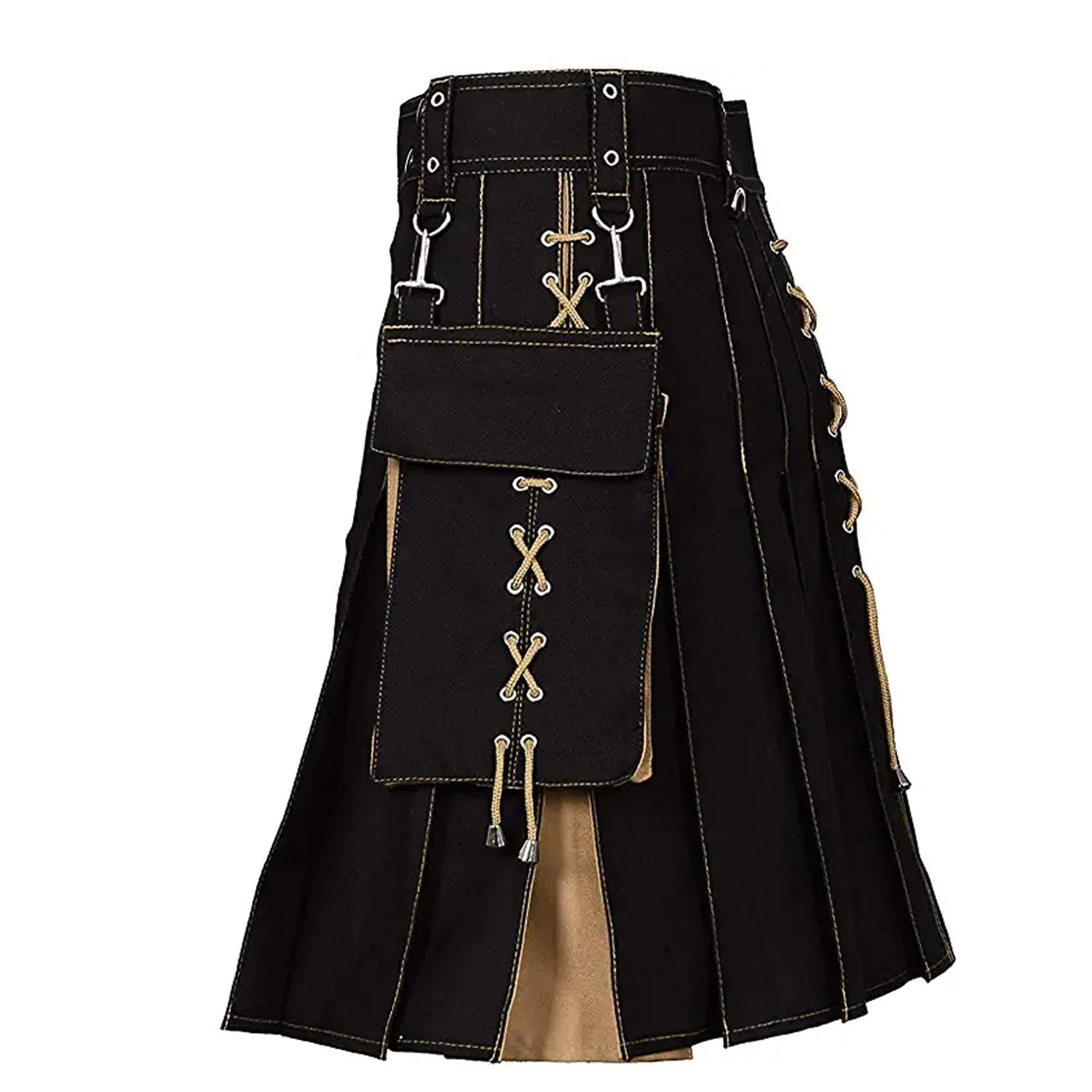 Men's Hybrid Utility Kilts - 100% Cotton Sport Kilt with Traditional Highland Style & Jeans Comfort (32 Waist, Black/Khaki) | Perfect for Outdoor Activities, Festivals & Casual Wear