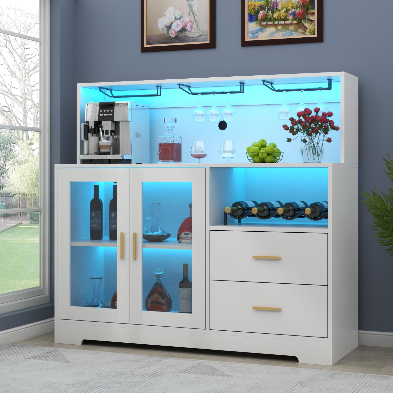Modern White Wine Bar Cabinet with LED Lighting - Kitchen Buffet Sideboard with Wine & Glass Rack, Storage Cabinet & Drawers - Perfect for Living Room, Dining Room & Home Bar Setup