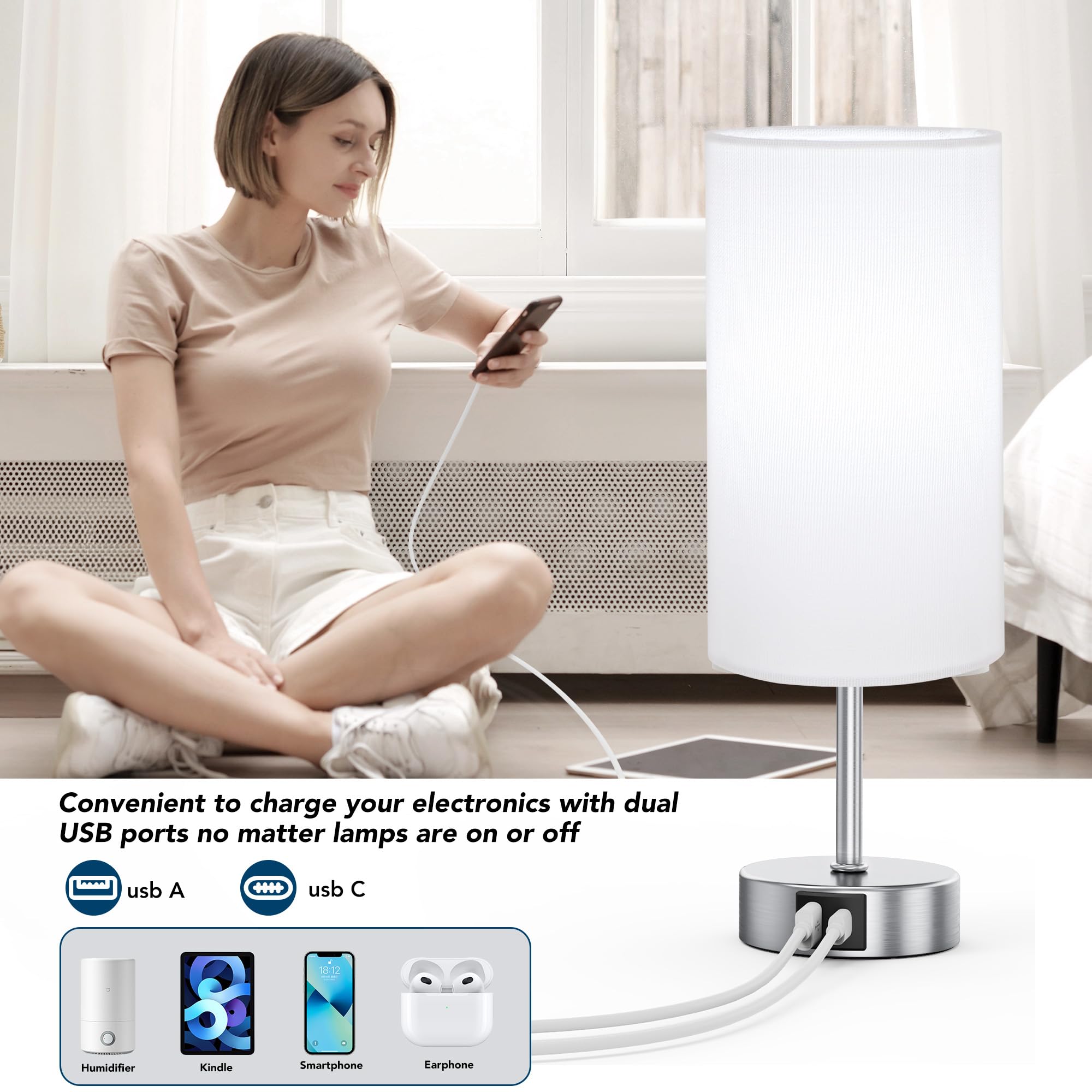 3-Way Dimmable Touch Control Table Lamp with 2 USB Ports - 6500K Daylight LED Bedside Lamp for Bedroom, Living Room & Office - Perfect for Reading, Working & Nightstand Use