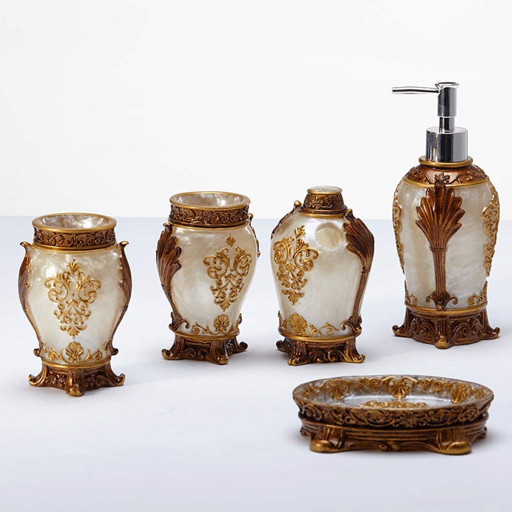 Antique Metal Coated 5-Piece Bathroom Accessory Set - Soap Dispenser, Toothbrush Holder, Soap Dish, Tumbler & Lotion Dispenser with 3D Embossed Pattern - Resin Made for Modern & Vintage Bathroom Decor