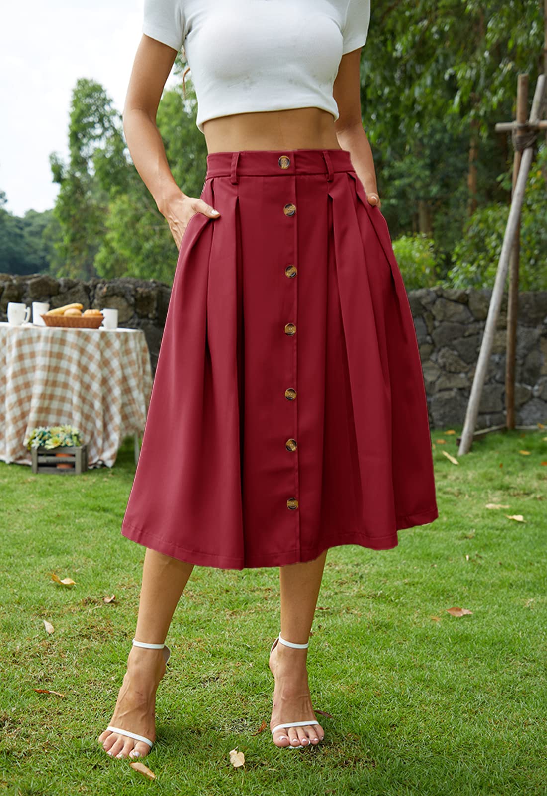 Stylish Pleated A-line Midi Skirt with Elastic Waist & Front Buttons | Women's Casual Flared Long Skirt with Pockets | Perfect for Office Wear, Date Nights & Spring Outfits