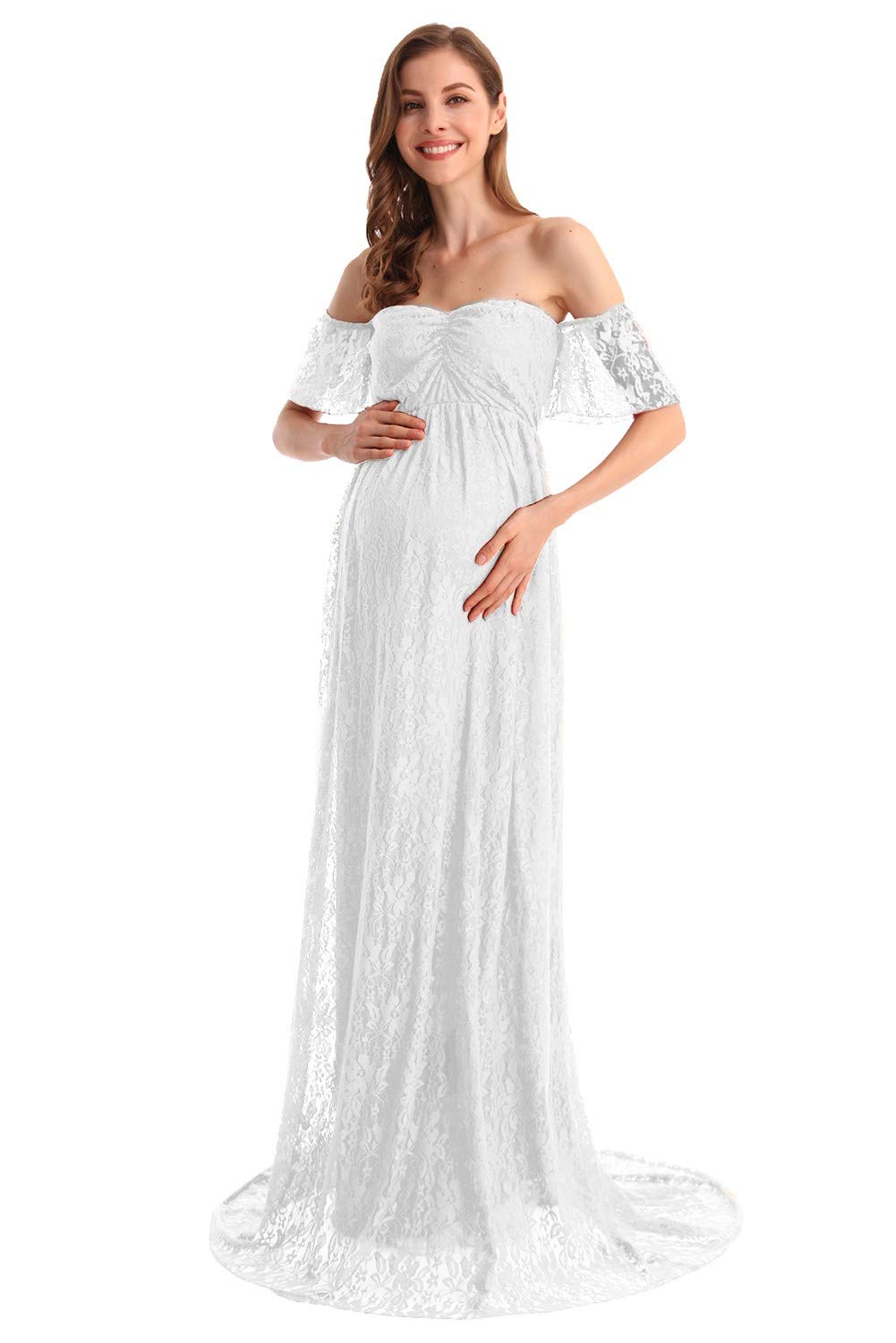 HIHCBF Women's Bohemian Lace Maternity Wedding Dress - Off-Shoulder Ruffle Sleeves for Baby Shower, Pregnancy Photo Shoot & Beach Maternity Gown - Perfect for Maternity Photoshoots, Beach Weddings & Special Occasions