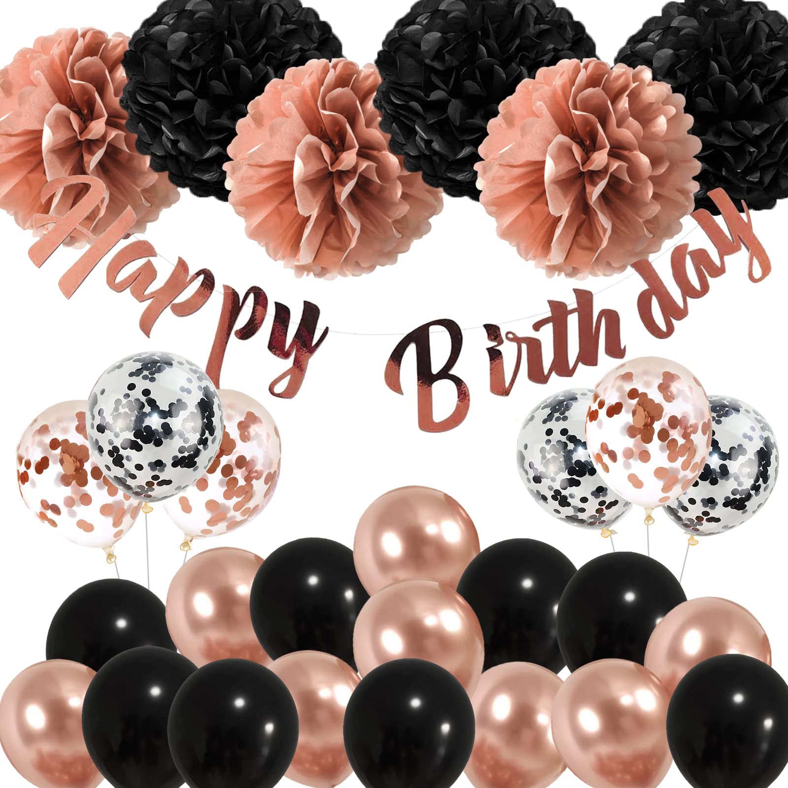 Elegant Rose Gold & Black Birthday Party Decorations Set - Happy Birthday Balloon Banner, Tissue Flowers & Balloons for 16th, 18th, 21st, 30th, 50th, 60th Birthday Celebrations - Perfect for Women & Girls' Milestone Parties, Baby Showers & Anniversary Events