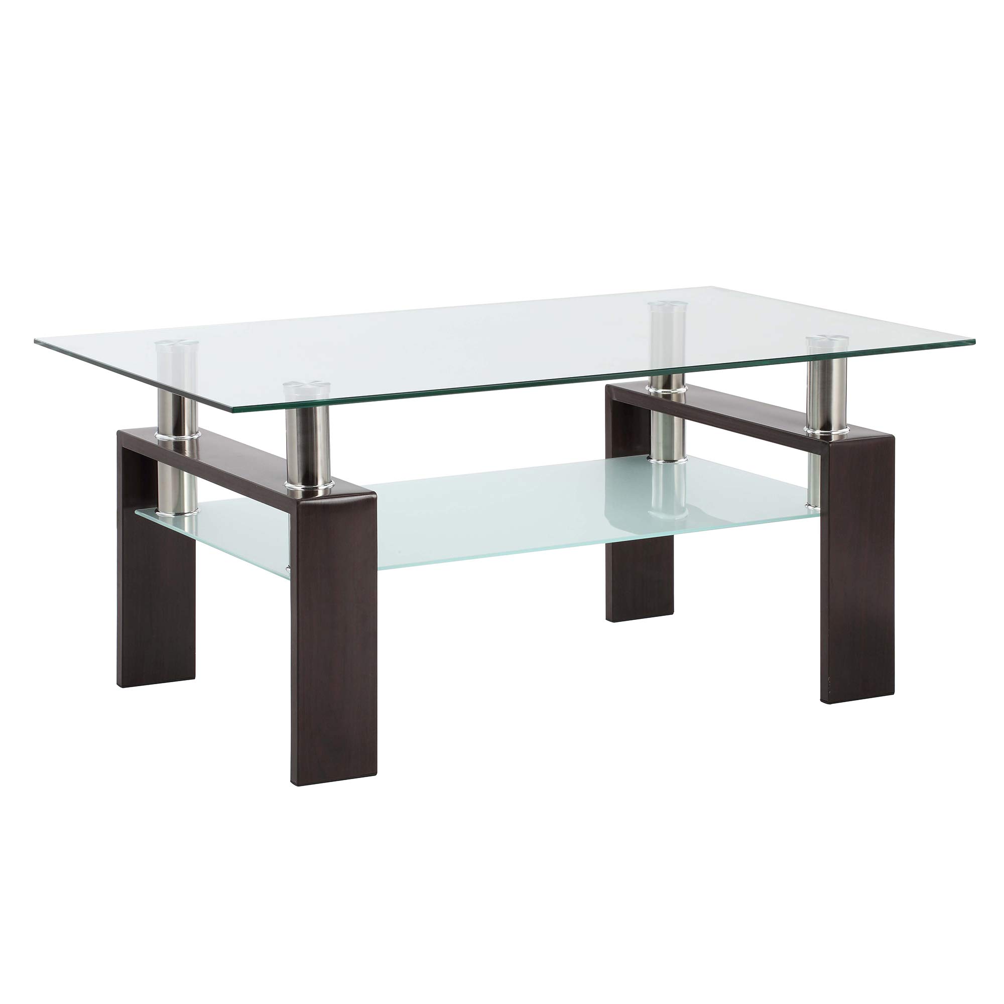Modern Rectangle Glass Coffee Table with Lower Shelf - Walnut & Black Steel Legs for Living Room, Office, or Lounge - Stylish Center Table for Home Decor