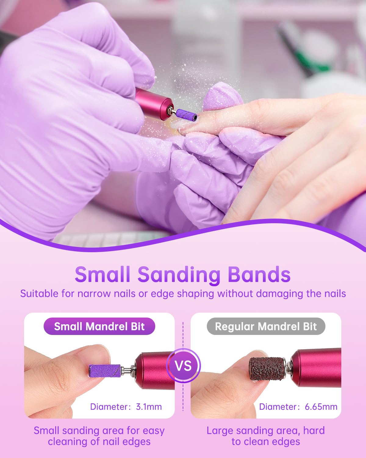 YBLNTEK 80 Pcs 180 Grit Nail Sanding Bands for Drill - 3.1mm Mandrel Bit, Fine Grit Sanding Bands for Acrylic & Gel Nails Removal - Professional & Home Nail Care (Purple) - Perfect for Nail Salons, DIY Manicures & At-Home Nail Art