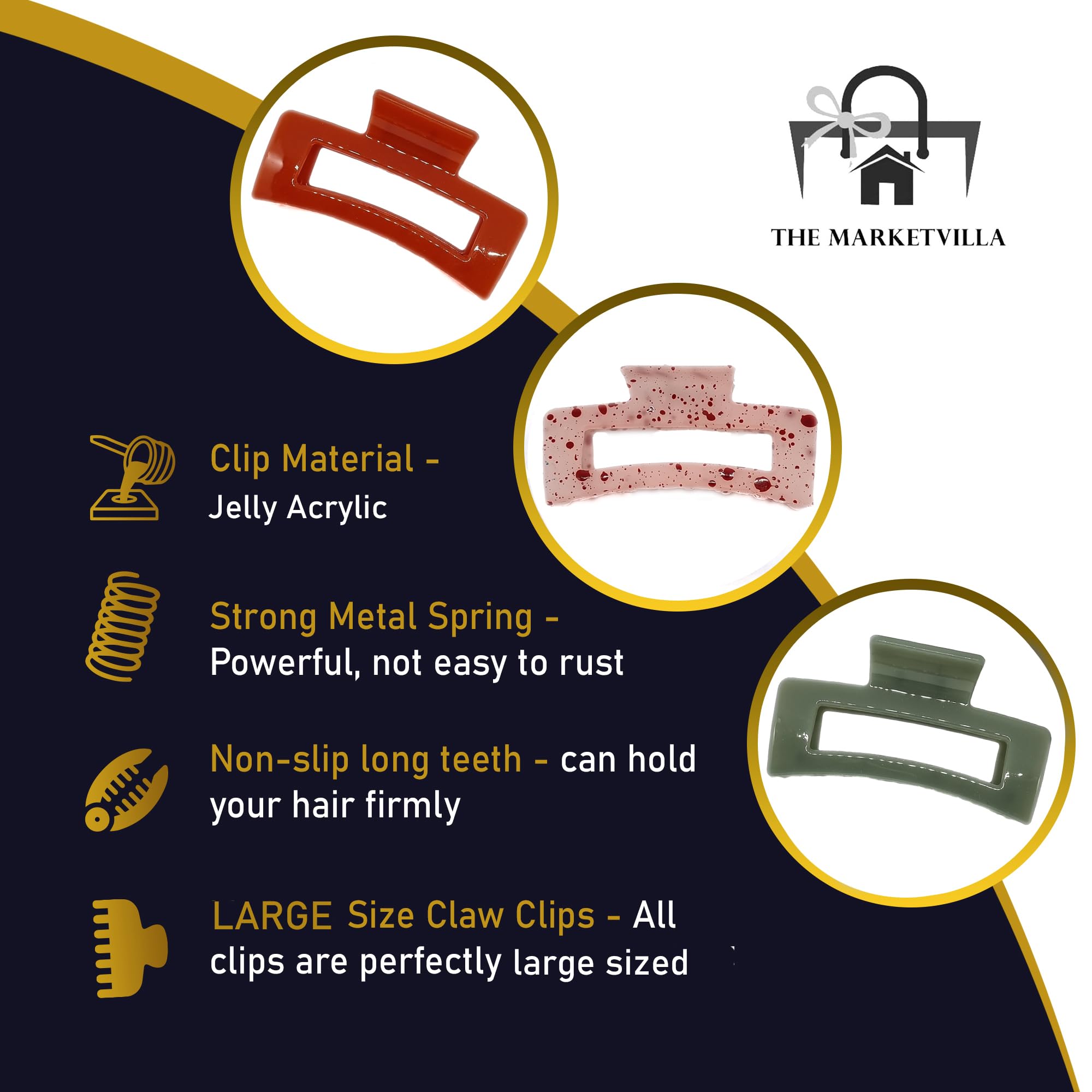 THE MARKETVILLA XXL Big Claw Clips for Thick Hair - 4 Pack Large Hair Clips for Women, Strong Hold Hair Clutcher - Perfect for Ponytails, Buns & Updos - Salon Quality Hair Accessories