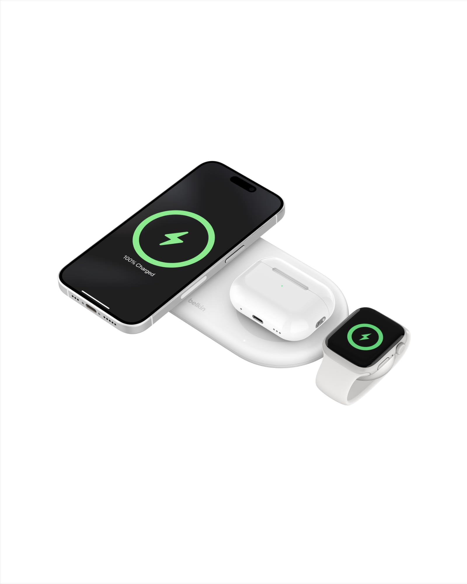 Belkin 3-in-1 MagSafe-Compatible Wireless Charging Pad with Qi2 15W Fast Charging - iPhone Charger Station for iPhone 16/15/14 Series, AirPods & Apple Watch - White | Perfect for Home, Office & Travel Charging