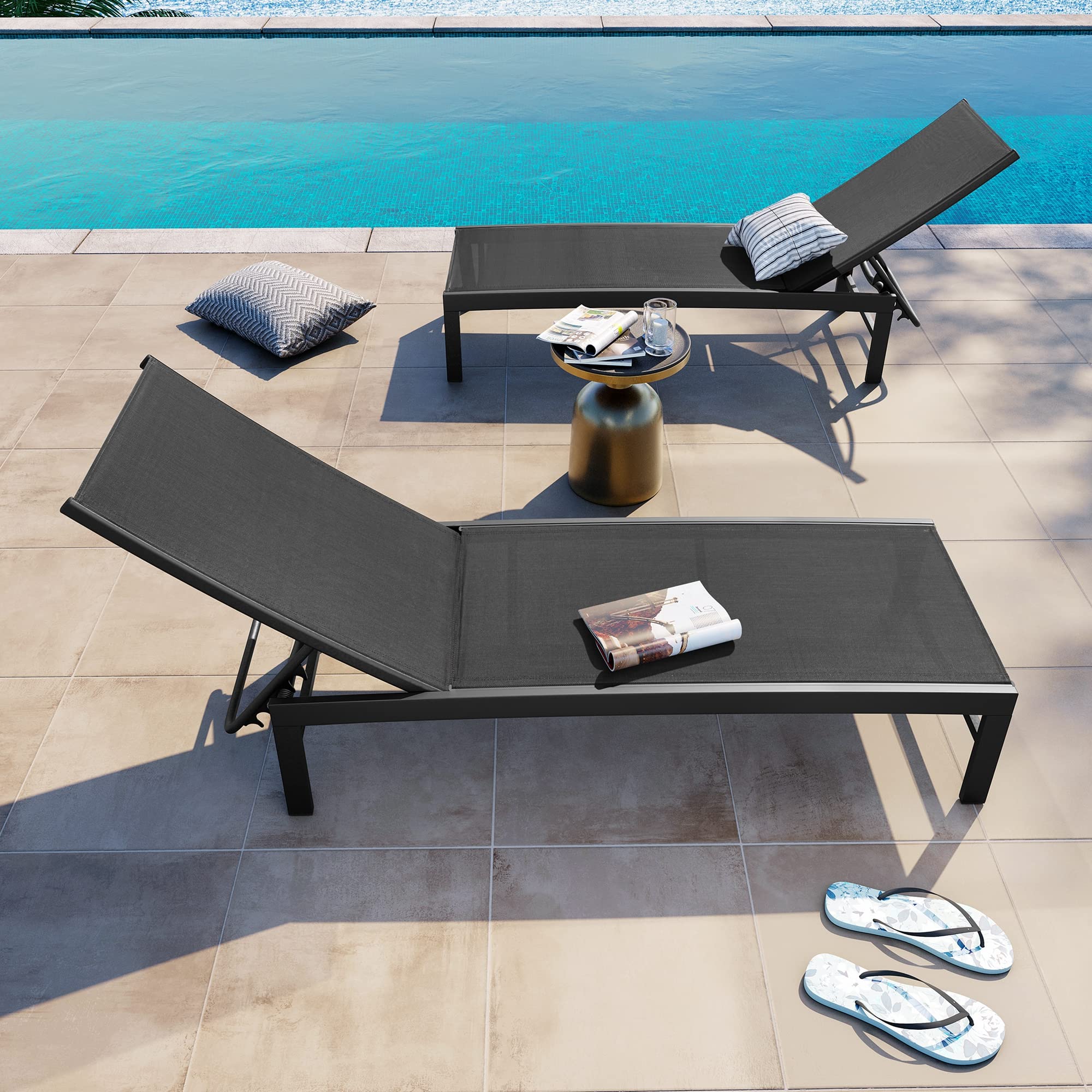 Premium Aluminum Outdoor Lounge Chair Set of 2 - Adjustable 5-Position Recliner, All-Weather Poolside Chaise for Patio, Beach & Backyard - Perfect for Sunbathing, Relaxing by the Pool or Garden Lounging (Black)