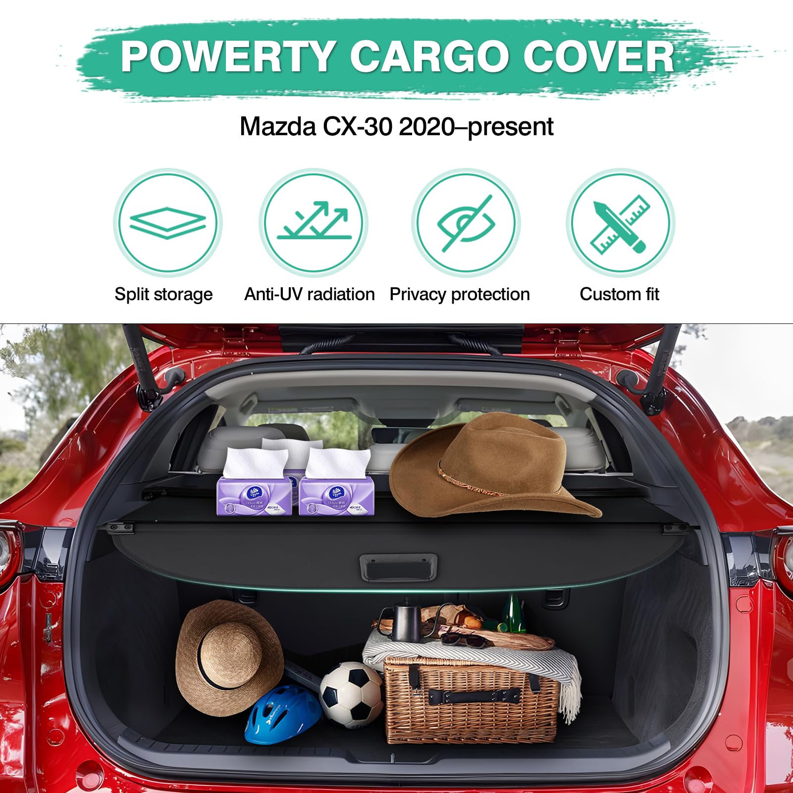 2020-2025 Mazda CX-30 Retractable Cargo Cover - All Weather Trunk Protector, UV Shade & Luggage Concealer | Perfect for Road Trips, Grocery Hauling & Outdoor Adventures