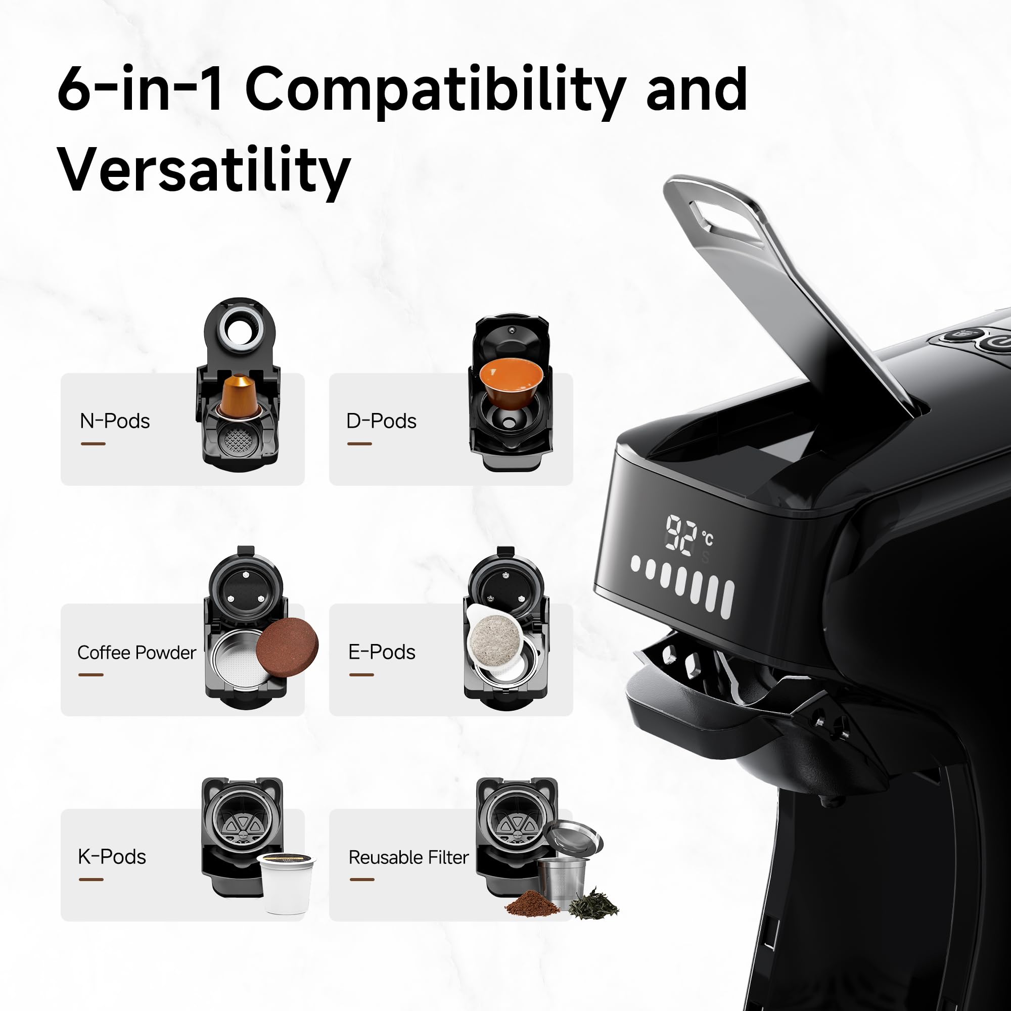 HiBREW H1B 6-in-1 Coffee Pod Machine | 19 Bar Espresso Maker for K-Cup, Nespresso & DG Pods | Brews Hot & Iced Coffee | Perfect for Home, Office & Small Spaces (Black)