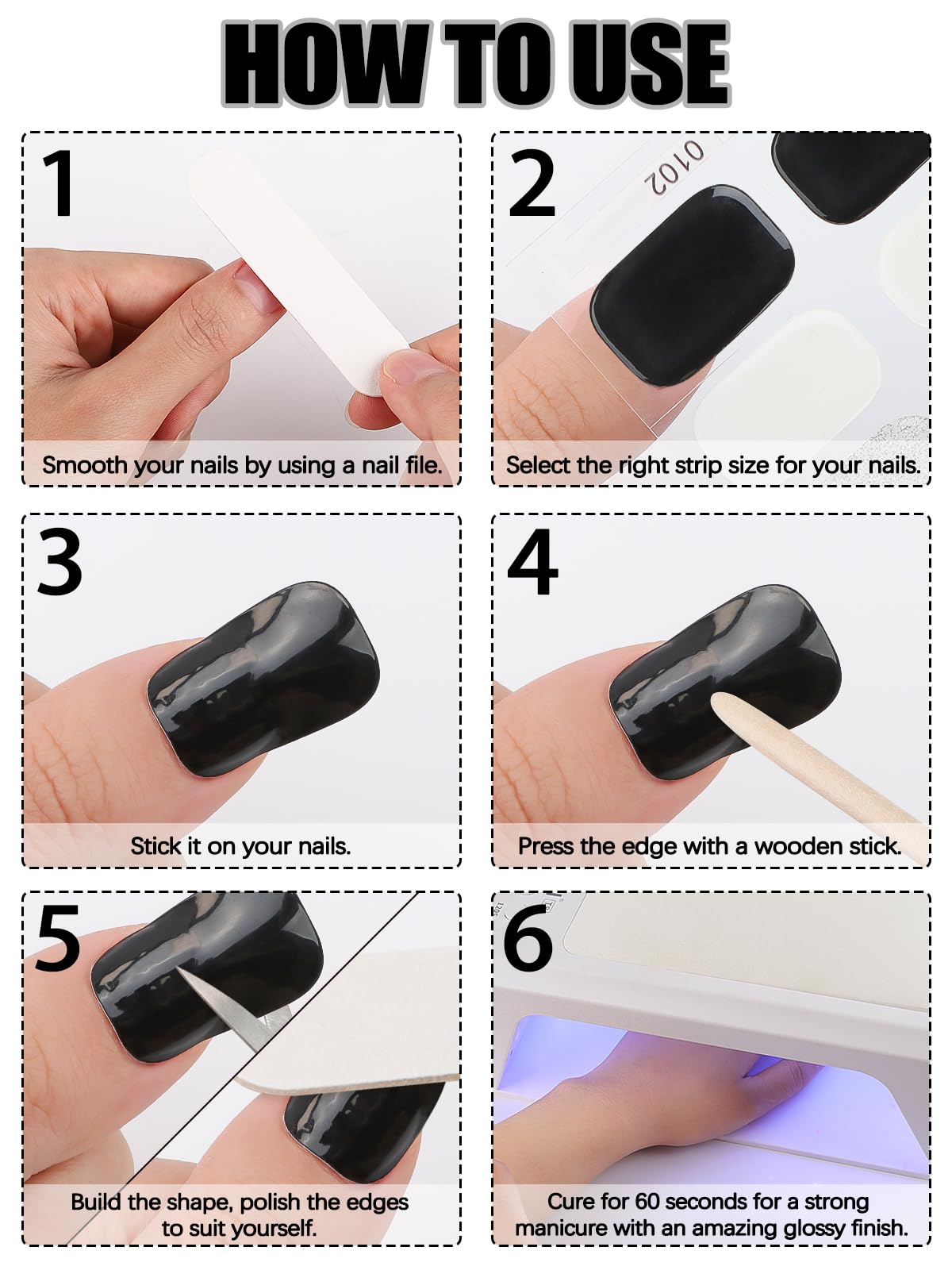 32PCS Semi-Cured Gel Nail Strips - Long Lasting Nail Polish Stickers with Shiny Finish | Full Coverage Nail Wraps for Gel Nail Art | UV/LED Lamp Required | Black Plaid Design | Perfect for Home Manicures, Parties & Special Occasions