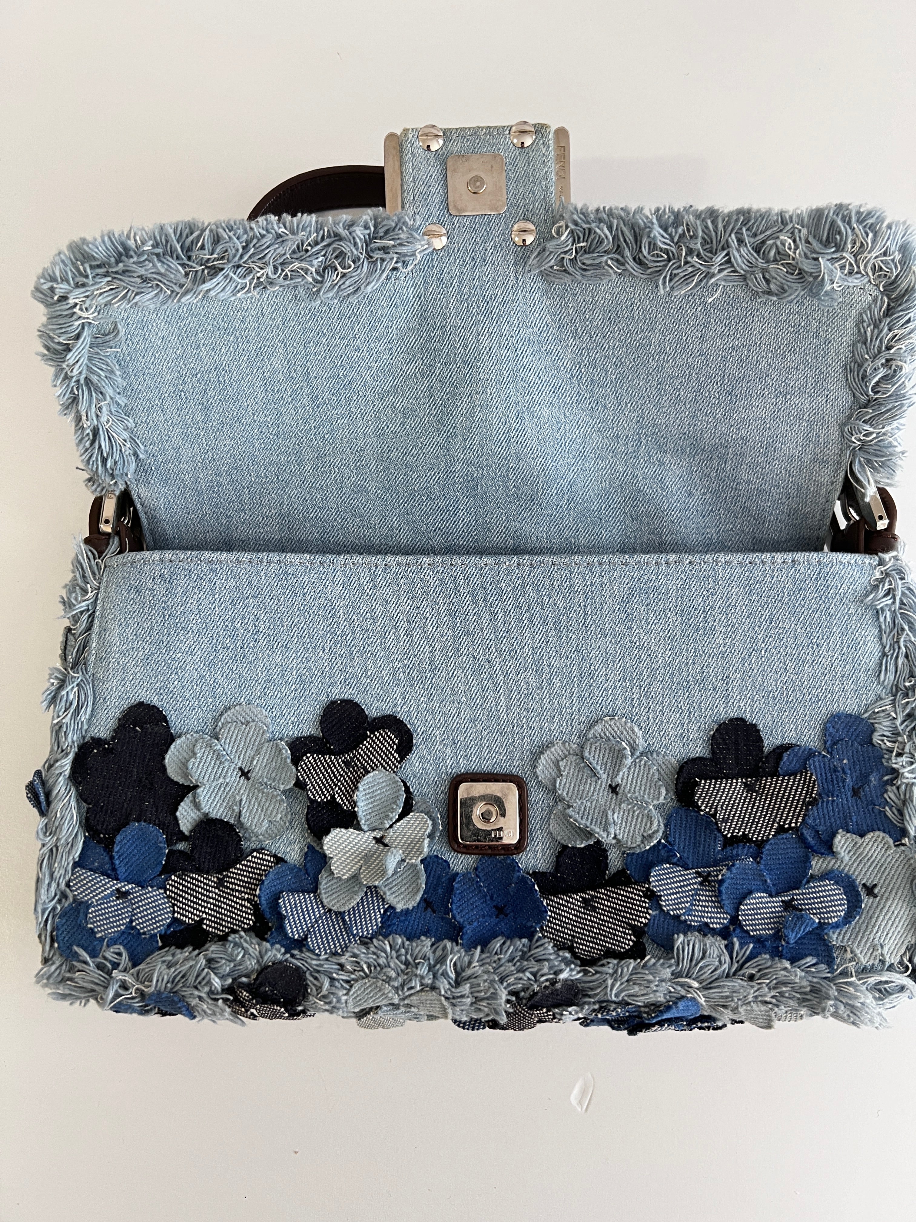 Fendi 3D Floral Embroidered Denim Baguette Bag - Stylish Crossbody Purse for Women, Perfect for Date Night & Special Occasions