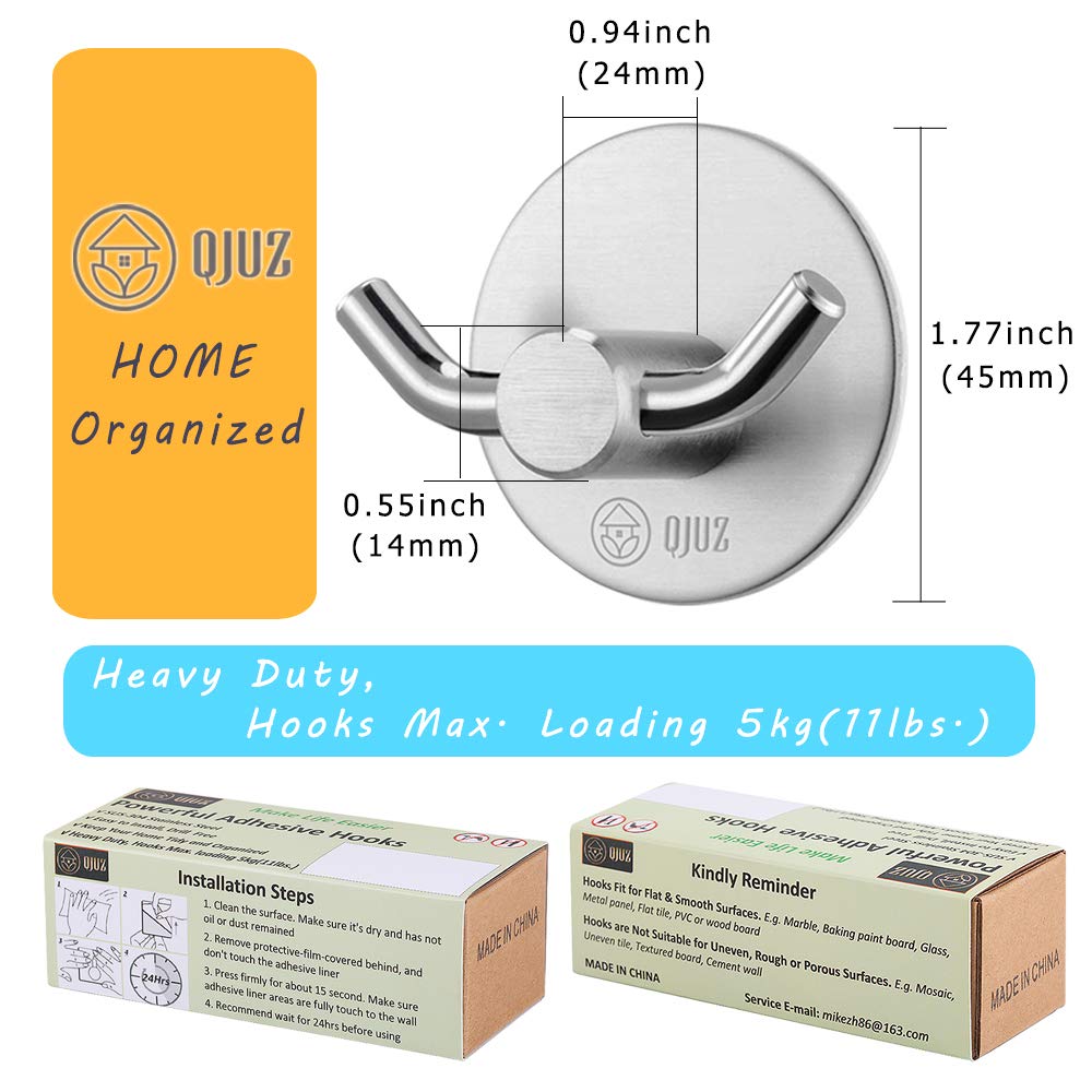 QJUZ Double Prong Adhesive Wall Hooks - Heavy Duty Stainless Steel Bathroom & Kitchen Organizer for Towels, Robes, Keys, Bags, Coats & Hats (4 Pack) - Perfect for Shower, Entryway & Closet Organization