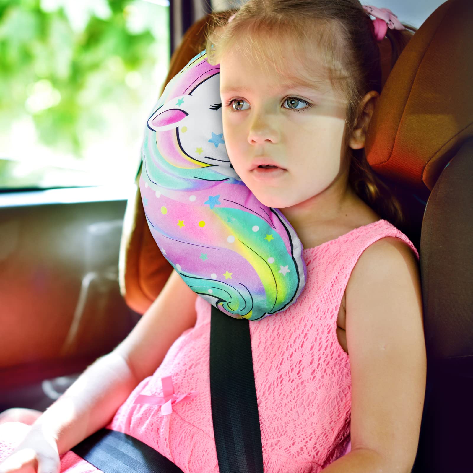 FIODAY Unicorn Seat Belt Cover Pad for Kids - Soft Car Seat Belt Pillow, Toddler Travel Strap Pad with Neck Support for Girls & Boys (Rainbow) - Perfect for Long Road Trips & Airplane Travel