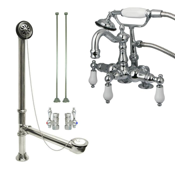 Chrome Deck Mount Clawfoot Bathtub Faucet with Hand Shower and Drain Supplies - CC1016T1 System for Vintage Bathroom Renovation and Spa Experience