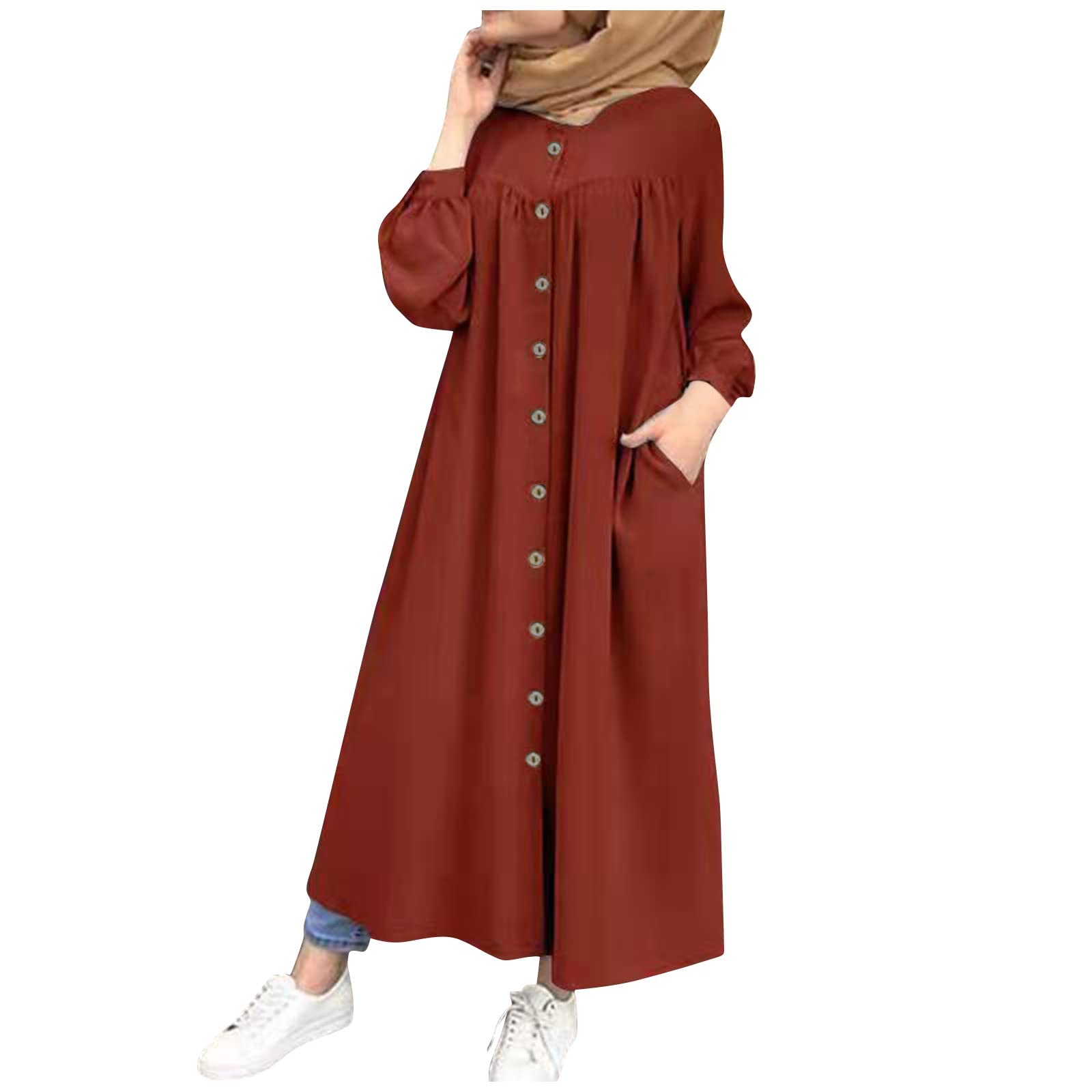 HAOREEKZ Women's Casual Loose Long Sleeve Button Down Shirt Dress with Pockets - Solid Color Maxi Dress for Everyday Wear, Office & Date Night Outfits