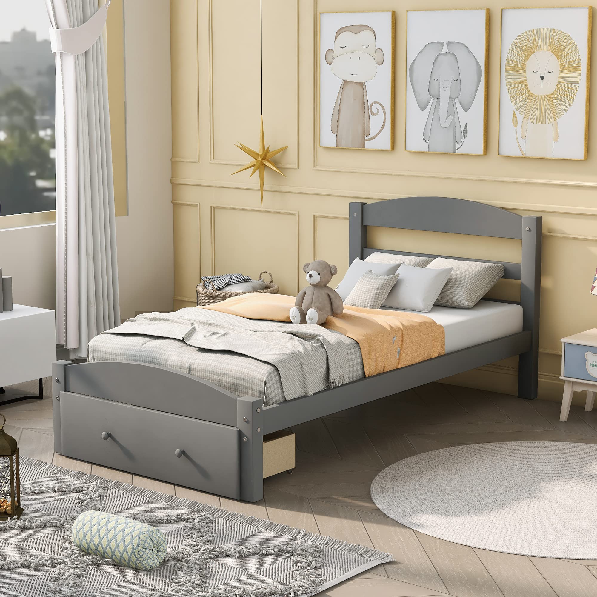 Rhomtree Twin Size Wood Platform Bed Frame with Storage Drawers & Wood Slat Support - No Box Spring Needed - Grey Kids Captain Bed with Headboard & Footboard | Perfect for Children's Bedroom, Guest Room or Daybed Use