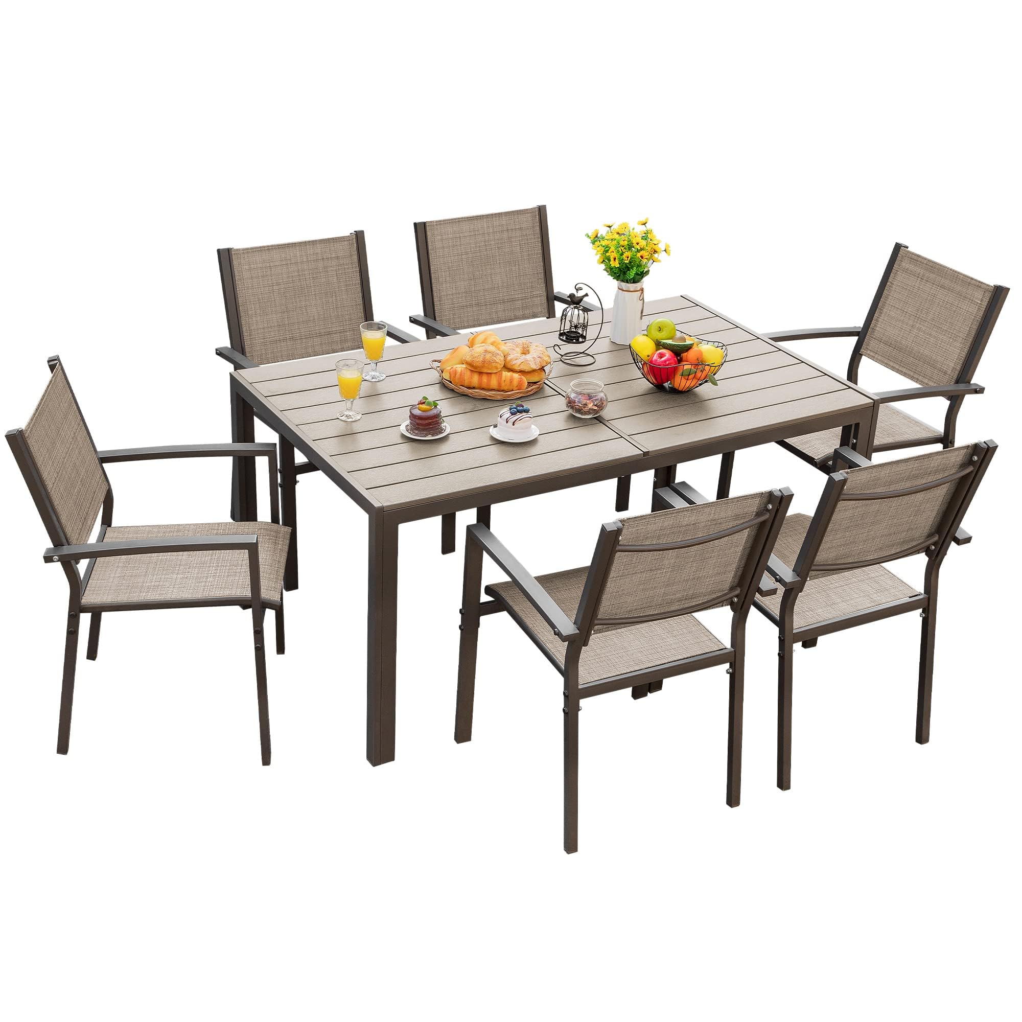 **Flamaker 7-Piece Patio Dining Set - Outdoor Metal Frame Furniture with 6 Textilene Chairs & Rectangular Table - Perfect for Backyard, Lawn, Garden, and Poolside Gatherings (Brown)**
