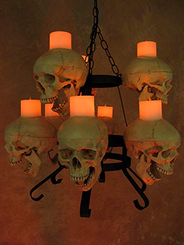 Two-Tiered Skull Metal Chandelier with 9 Skulls & Wax Candles - Gothic Home Decor for Dining Room, Living Room, or Halloween Party Lighting