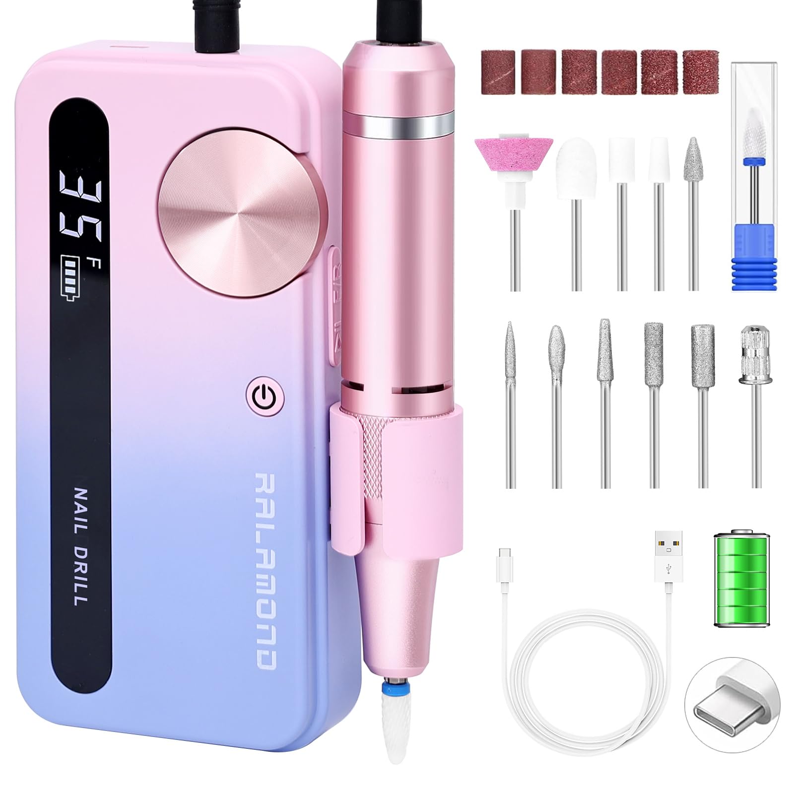Professional Cordless Nail Drill Kit - 35000 RPM Electric Nail File Machine with 6 Drill Bits, Rechargeable Manicure Pedicure Tool for Acrylic/Gel Nails - Perfect for Salon, Home & Travel Use (Multicolor)
