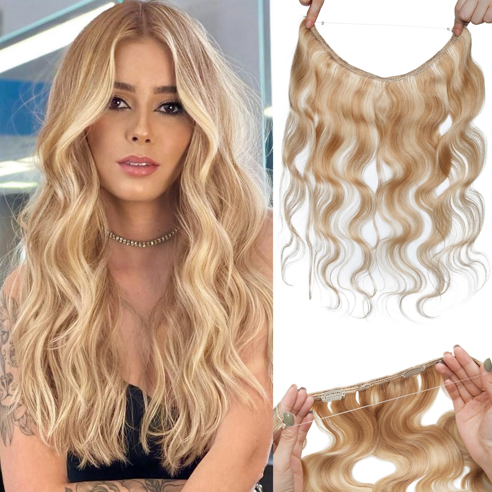 Benehair 100% Real Human Hair Halo Extensions - 20 Inch Wavy Blonde Hair Extensions (Ash Blonde & Bleach Blonde, 70g) for Weddings, Parties & Daily Styling