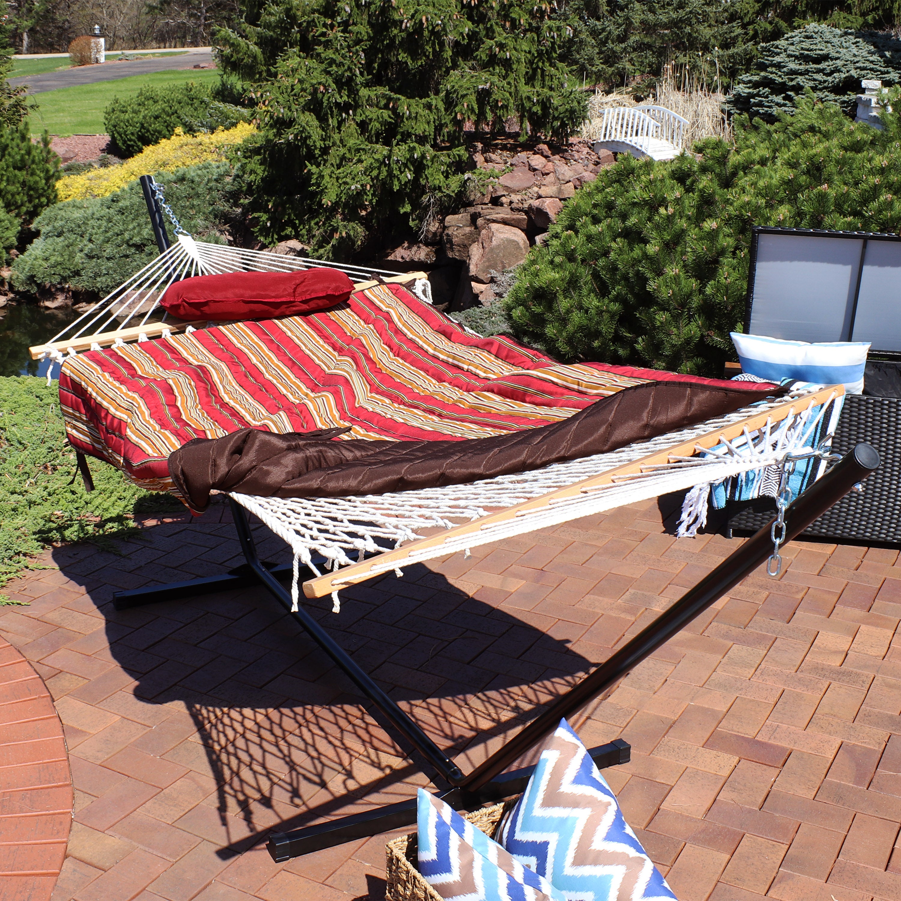 Premium Sunnydaze Rope Hammock with 12-Foot Steel Stand, Comfortable Pad & Pillow - Perfect for Backyard Relaxation, Beach Lounging & Outdoor Camping