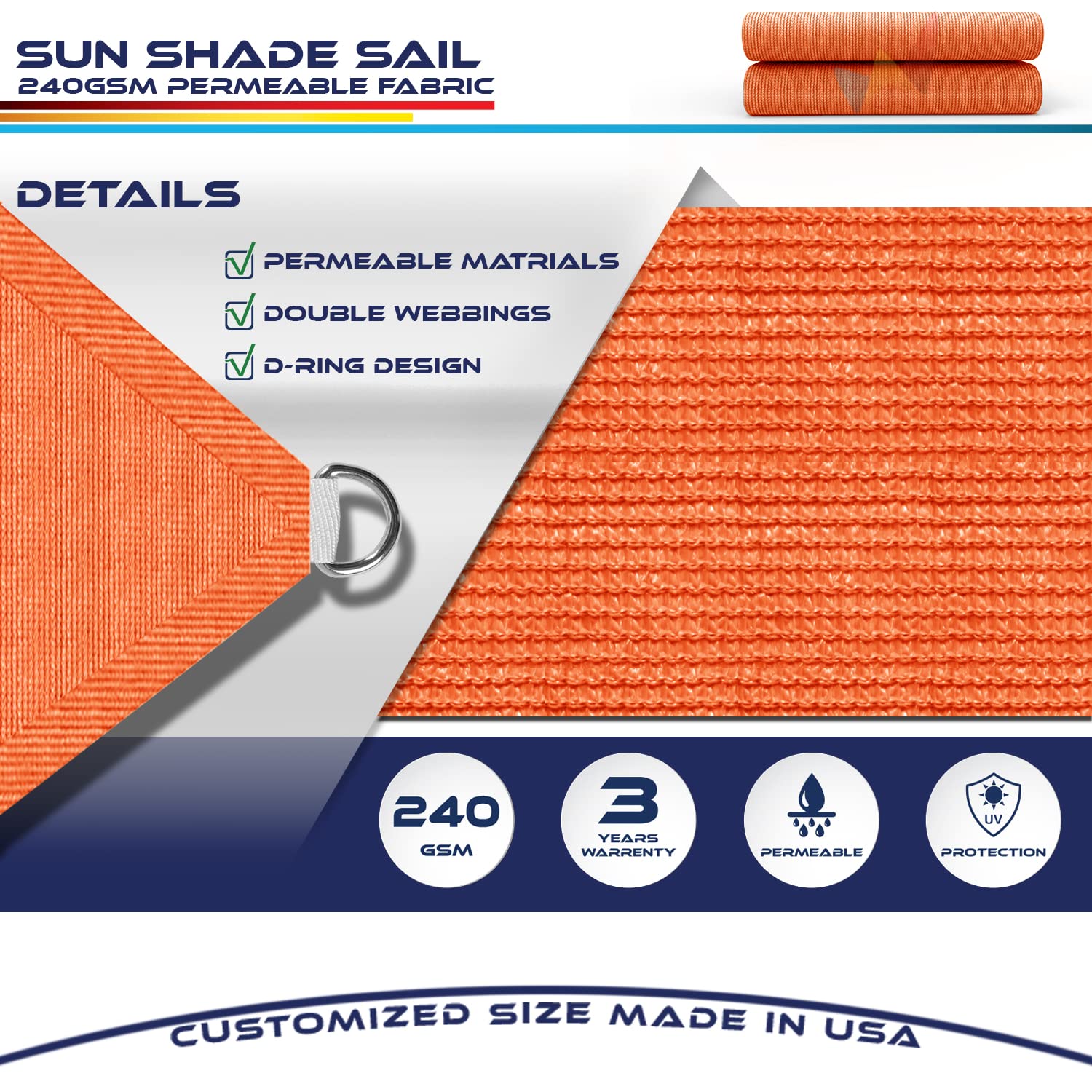 10' x 16' UV Block Sun Shade Sail - Outdoor Canopy Cover with Grommets & D-Rings for Pergola, Backyard, Patio (Orange) - Perfect for Sun Protection and Outdoor Relaxation