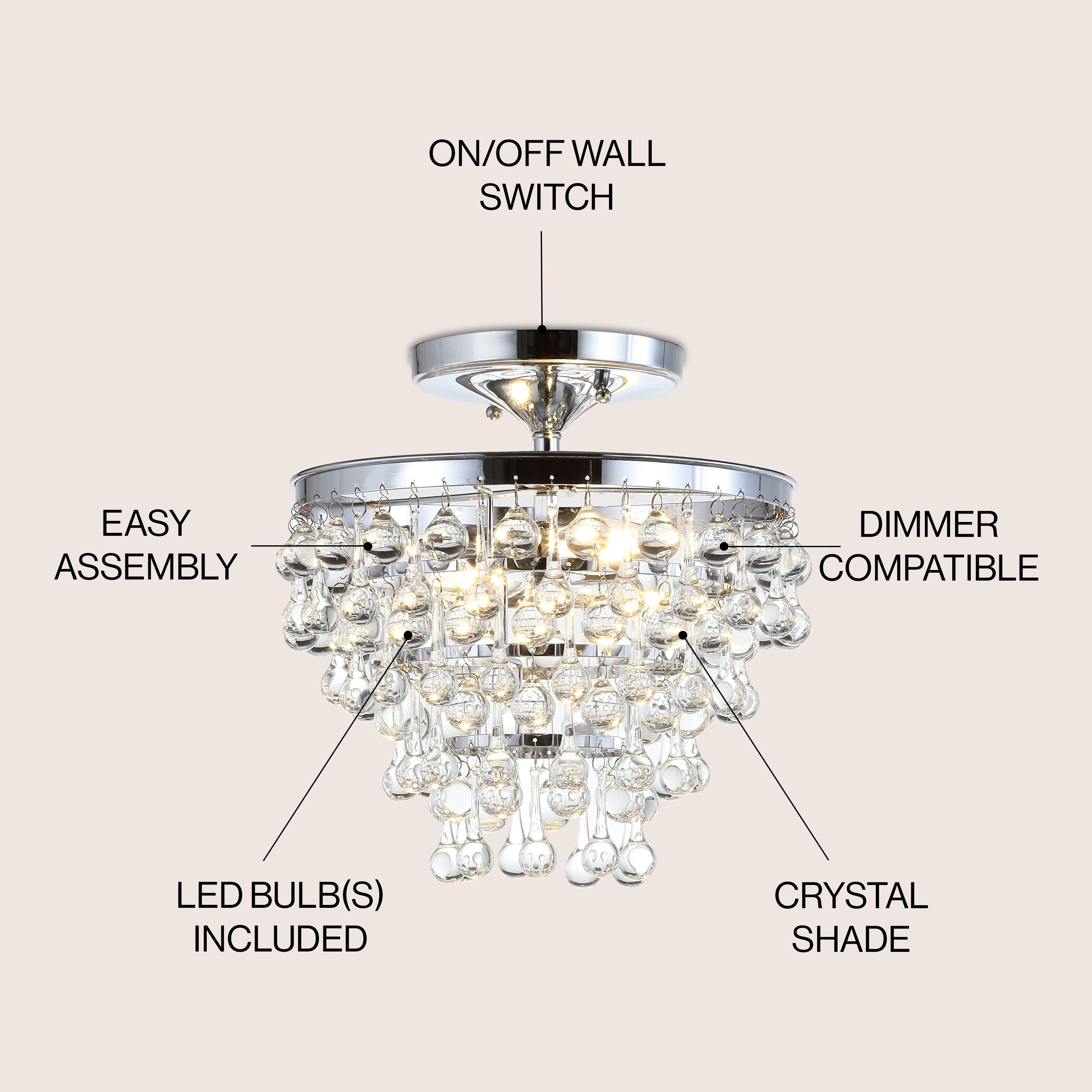 Toronto Metal & Crystal LED Flush Mount Ceiling Light - Modern Dimmable Fixture for Bedroom, Living Room, Kitchen, and Hallway Lighting