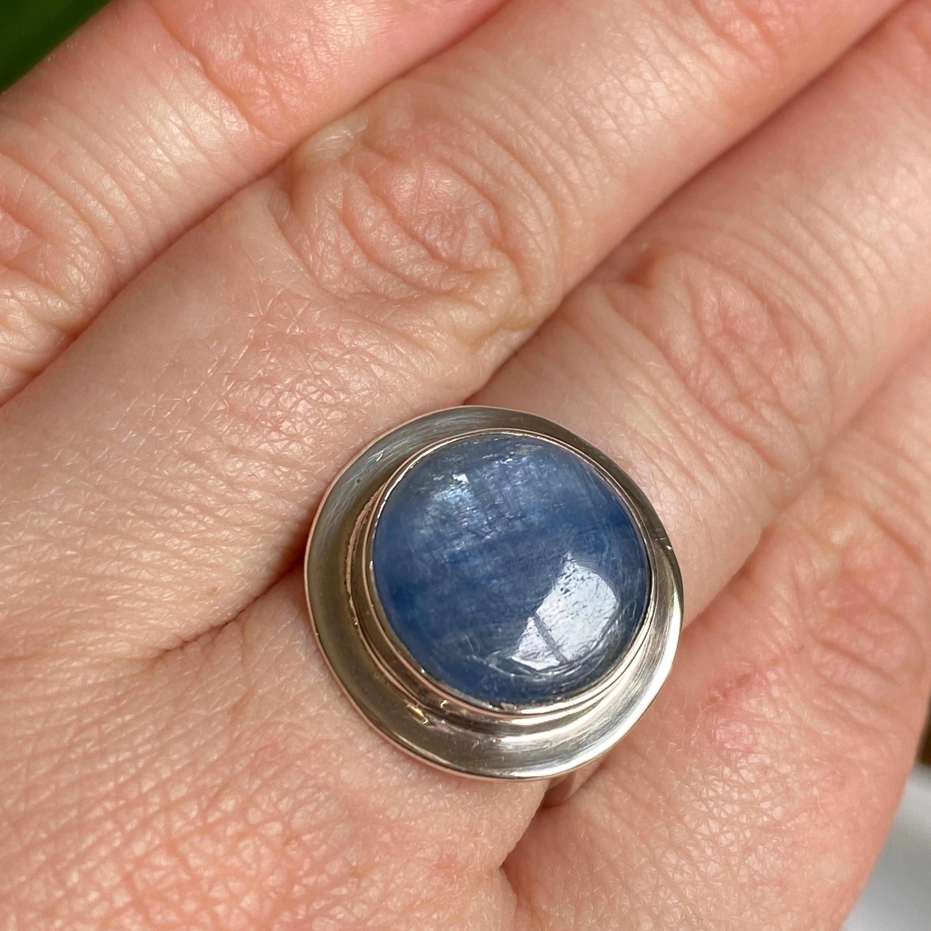 Natural Kyanite Round Cabochon Ring Size 8 - Handmade Sterling Silver Jewelry for Women, Perfect for Everyday Wear & Special Occasions