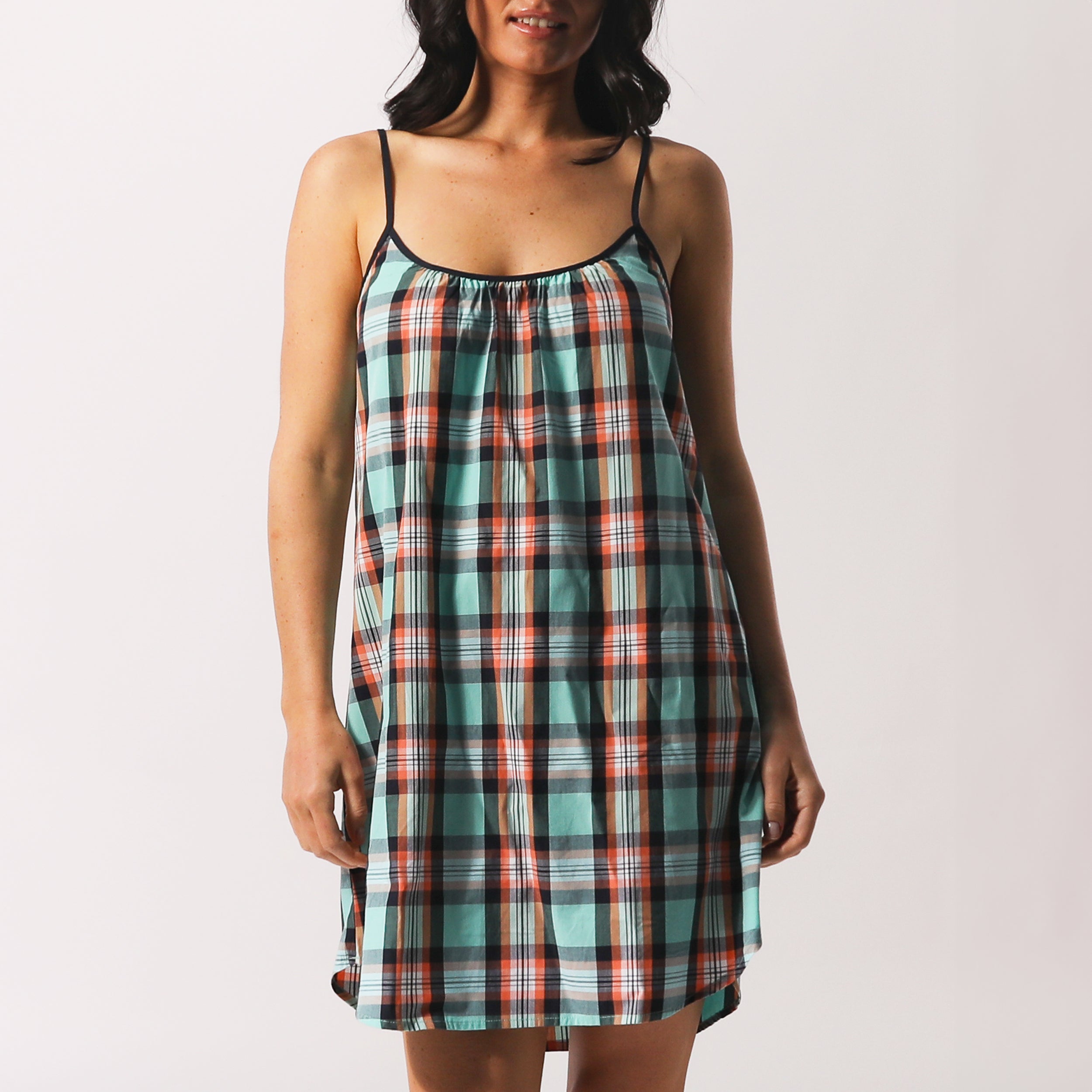 Women's Sky Blue Beachy Check Woven Chemise Nightgown - Soft Summer Sleepwear for Vacation & Lounge Wear