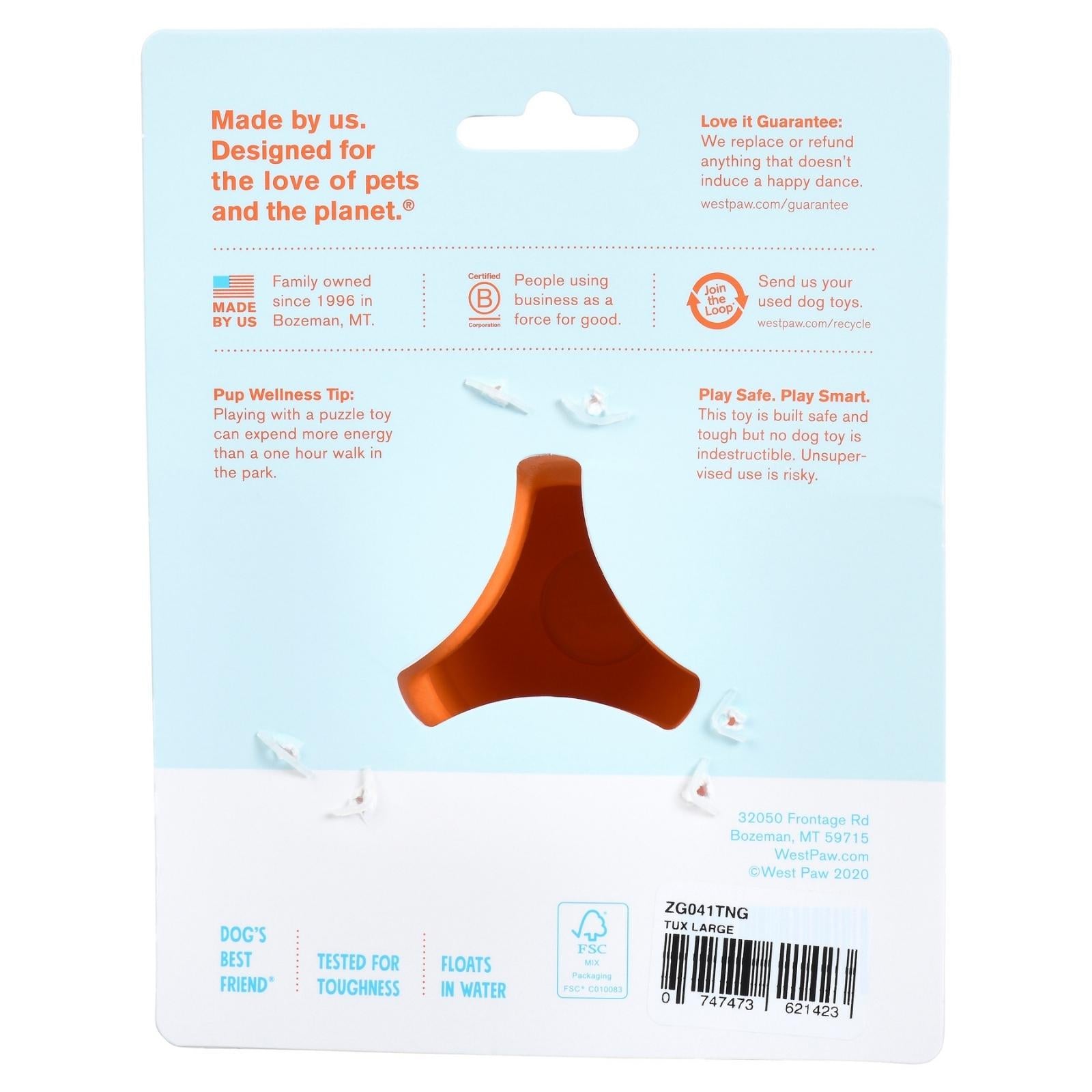 West Paw® TUX Dog Toy - Orange Interactive Treat Dispenser for Training & Play - Chew-Resistant & Durable for Small to Large Dogs