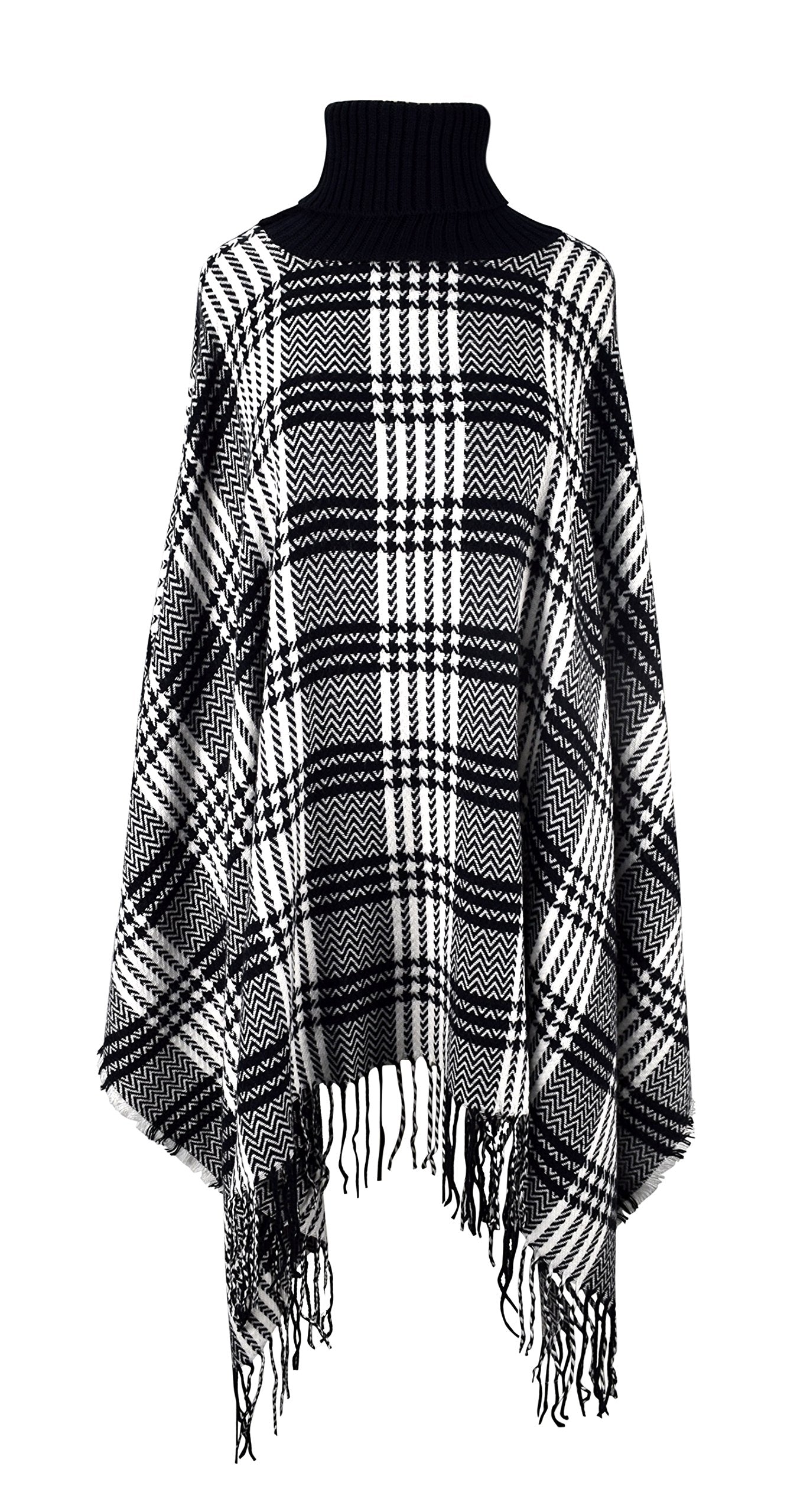 Women's Checkered Turtle Neck Winter Poncho Sweater with Fringe - Cozy Oversized Pullover for Christmas, Holiday Parties & Casual Outings