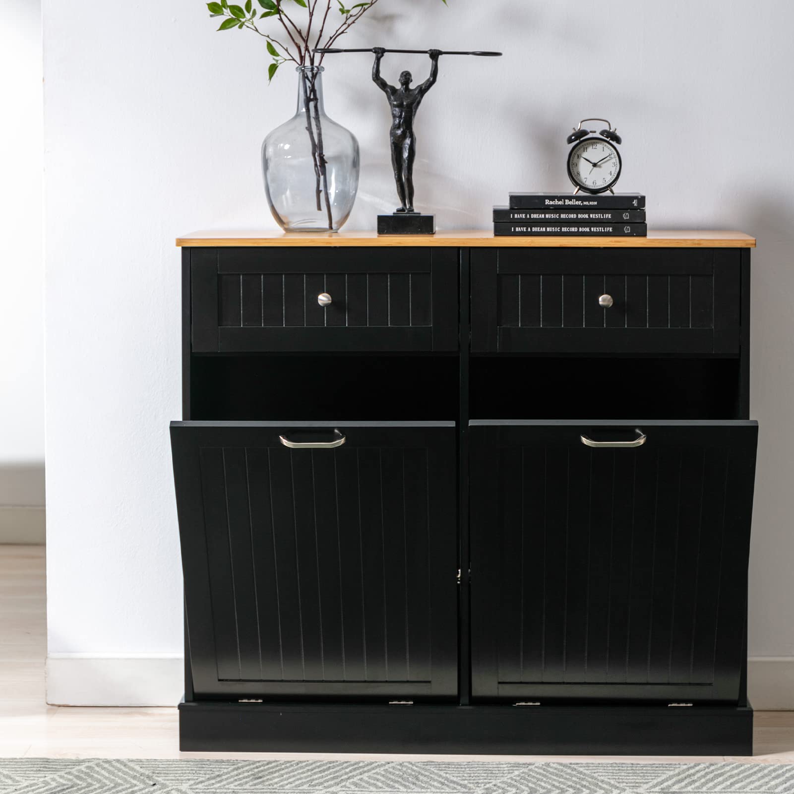 Gitua Freestanding Trash Cabinet with Tilt-Out Drawer - Pet Proof Kitchen Waste Bin & Laundry Hamper with Built-in Cutting Board - Wooden Recycling Station & Hideaway Trash Holder (2 Drawers, Black) - Perfect for Kitchens, Laundry Rooms & Small Spaces