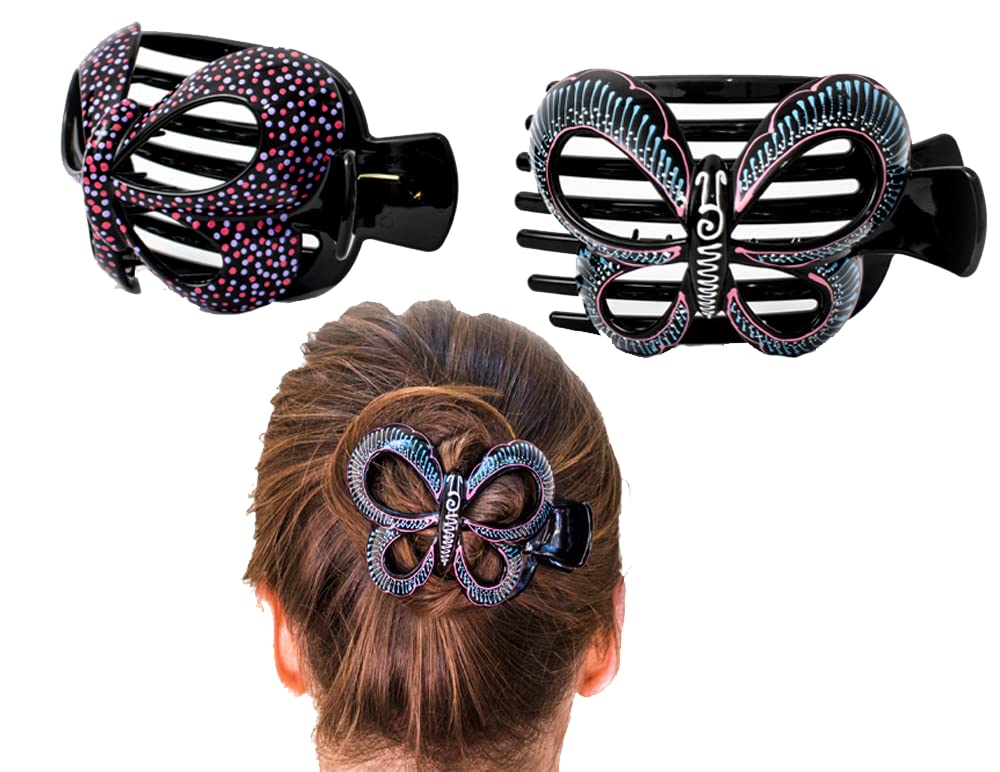 Hand Painted Butterfly Barrettes - 2 Pcs Unique Bun Cover Hair Clips for Thick & Thin Hair - Hair Bun Holder & Claw Clip for Women & Girls - Perfect for Weddings, Parties & Everyday Hairstyles