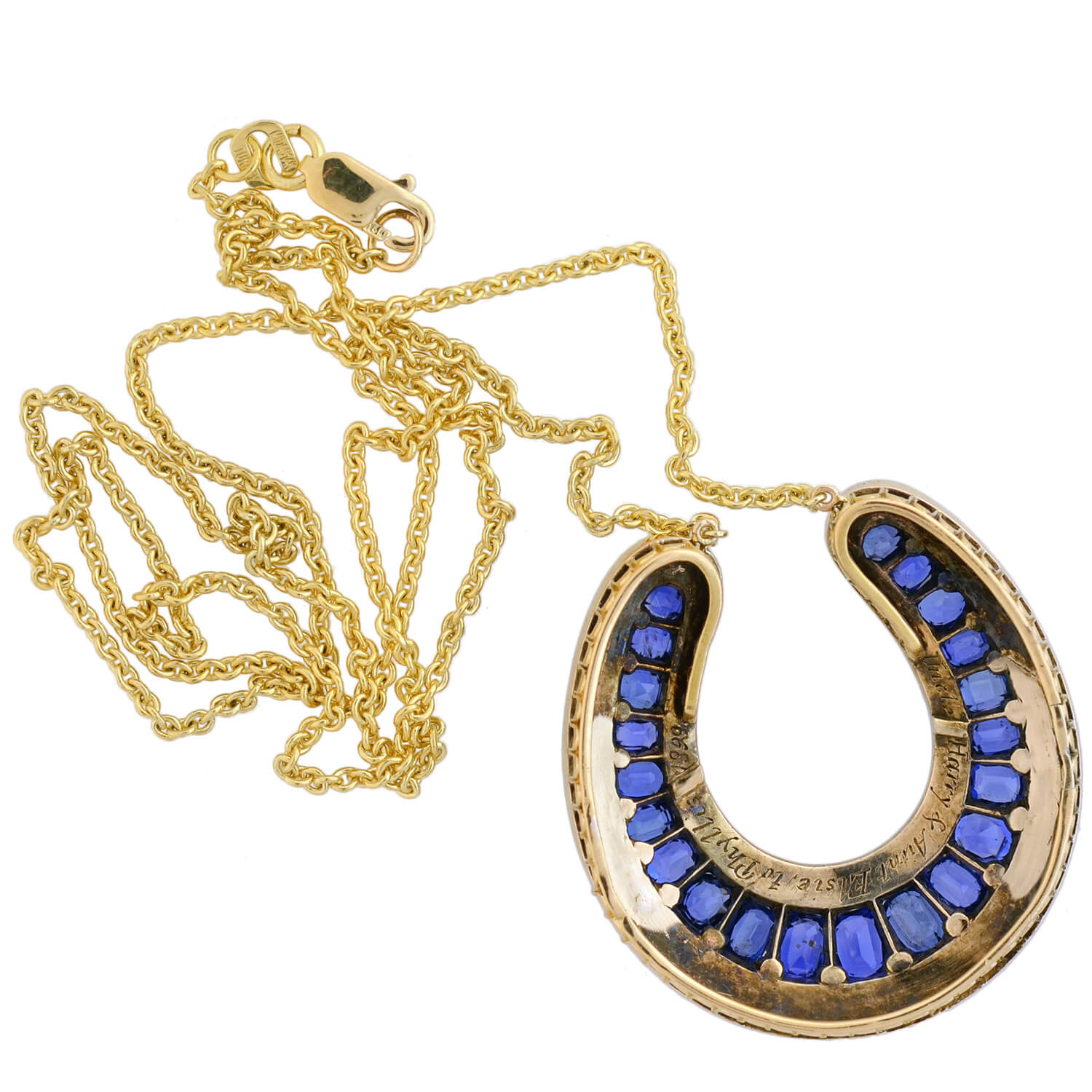 Victorian Style 18kt Gold Sapphire & Rose Cut Diamond Horseshoe Pendant Necklace - Elegant Jewelry for Weddings, Anniversaries & Special Occasions