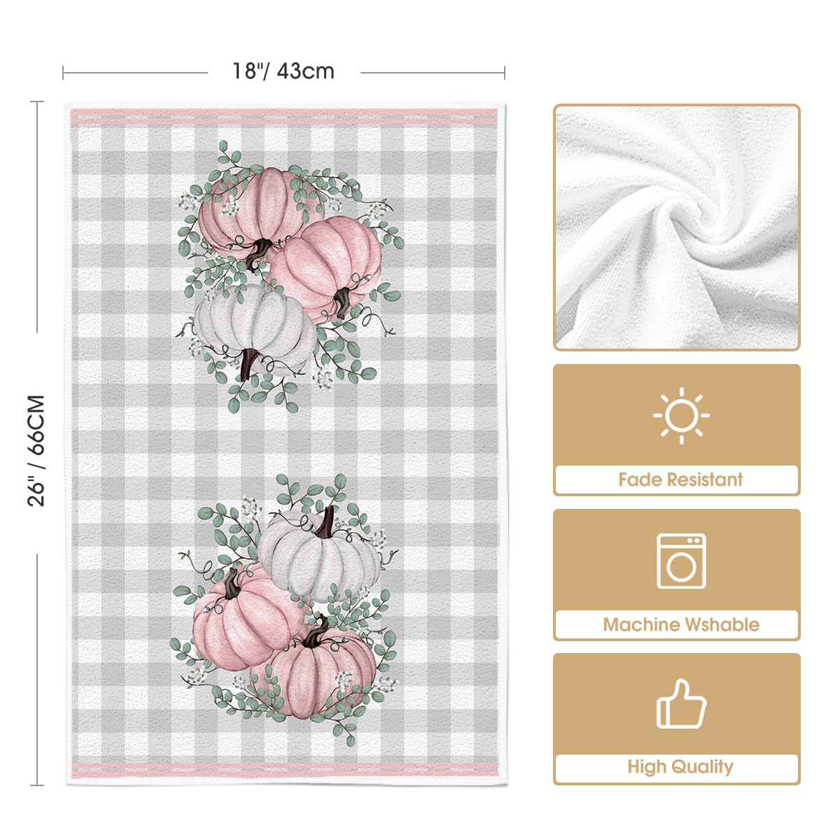 Artoid Mode Pink Eucalyptus Leaves Hello Pumpkin Fall Kitchen Towels - Set of 4 Farmhouse Dish Towels 18x26 Inch, Thanksgiving Home Decor Hand Towels for Autumn Kitchen, Dining Room & Farmhouse Decor