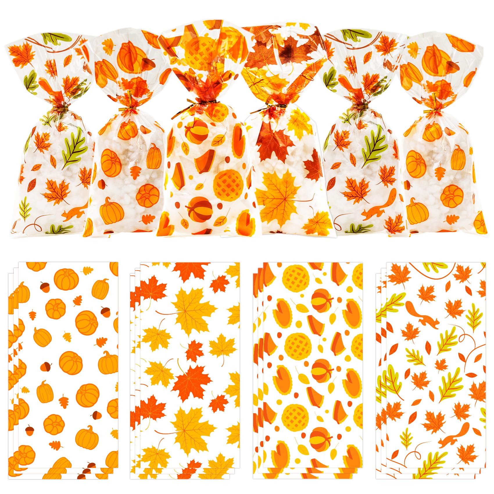 WATCPNO 120 Pack Autumn Thanksgiving Cellophane Treat Bags - Fall Party Favor Supplies, Candy Goodie Bags for Halloween, Thanksgiving Celebrations & Holiday Decorations | Perfect for Classroom Treats, Office Parties & Family Gatherings