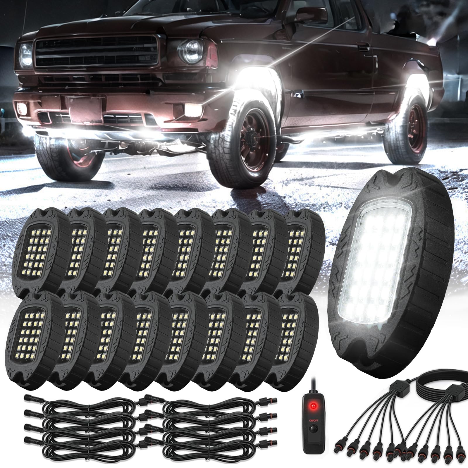 16 Pods Alloy Pure White LED Rock Lights Kit - IP68 Waterproof & Shockproof, 6500K Super Bright for Semi Trucks, Sedans, Trailers, Offroad Pickups - Underglow Neon Lighting with Extension Wires - Perfect for Night Driving, Car Shows & Off-Road Adventures