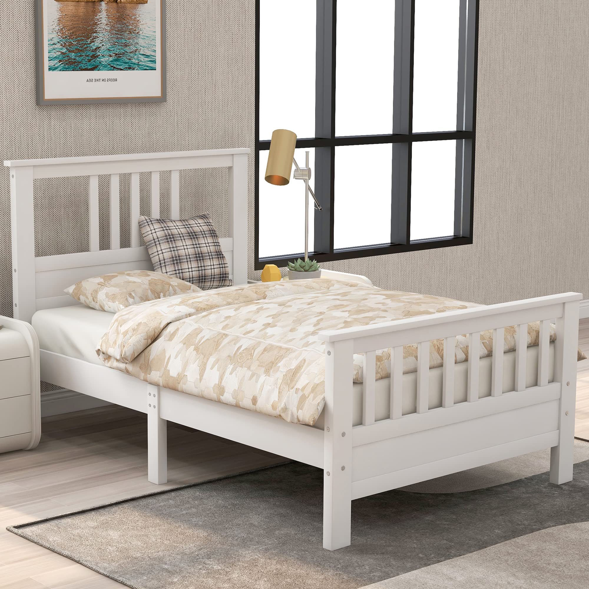 White Wood Twin Bed Frame with Headboard & Footboard - Sturdy Platform Bed for Kids, Teens & Guest Rooms - Perfect for Small Spaces & Cozy Bedrooms