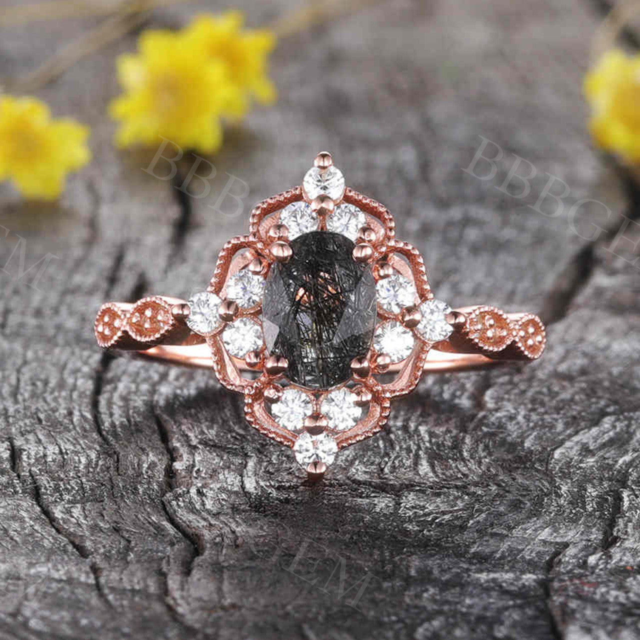 Vintage Black Rutilated Quartz Engagement Ring - Milgrain Filigree Leaf Flower Design - 925 Sterling Silver Wedding Band - Perfect for Romantic Proposals, Anniversary Gifts & Boho Bridal Jewelry