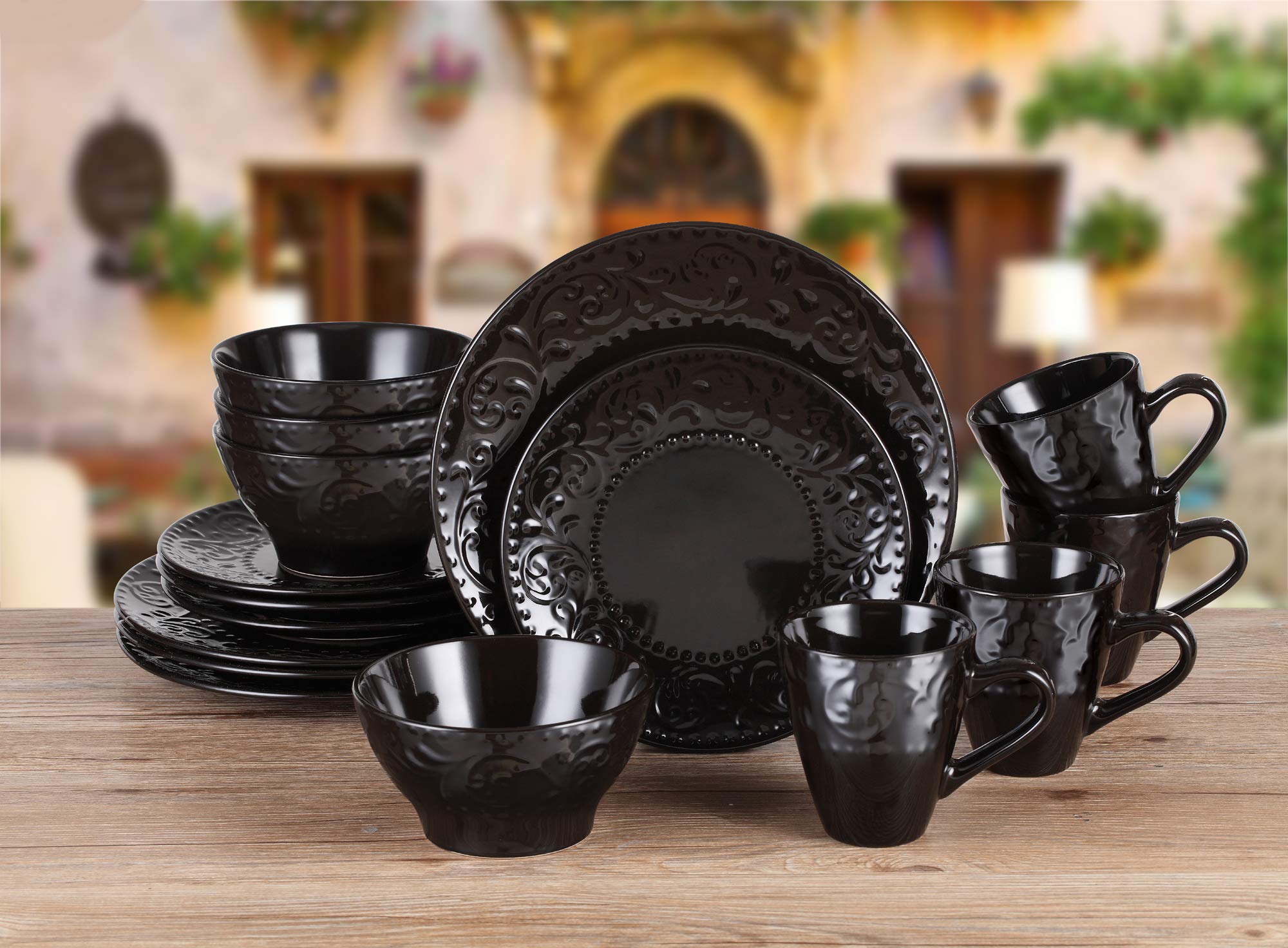 Elegant Modern Black Stoneware Scroll Dinnerware Set - 16 Piece Dish Set for Hosting, Parties, Events & Everyday Dining - Durable Ceramic Plates & Bowls for Family Meals & Entertaining