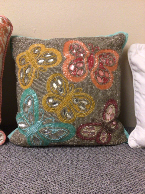 Pier 1 Beaded Butterfly Decorative Throw Pillow Cover - Bohemian Chic Home Decor for Living Room, Bedroom or Outdoor Patio