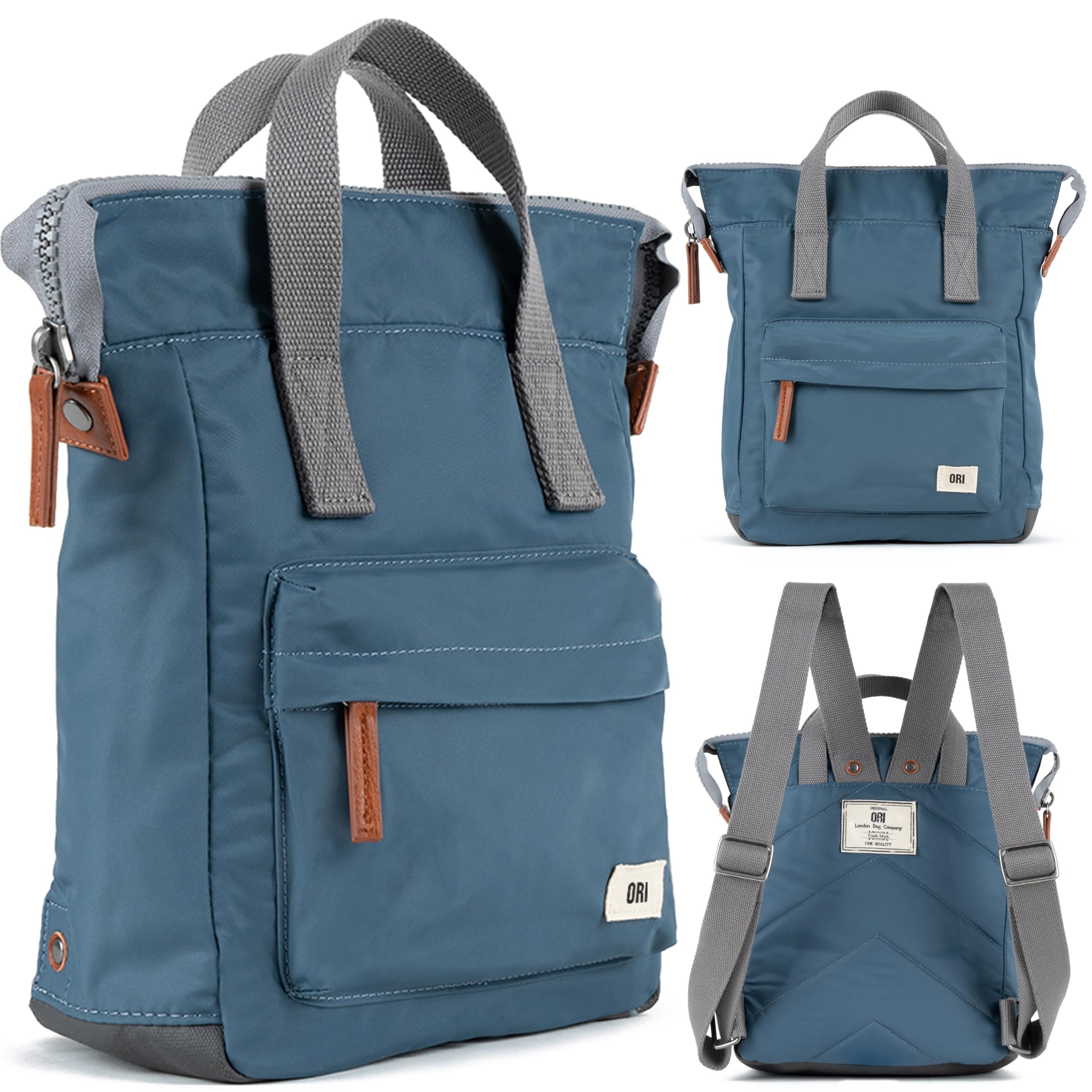 ORI LONDON Nylon Tote Backpack for Women & Men - Small Waterproof Tote Bag Backpack with Wide Mouth Opening, Chunky Zippers, Multiple Pockets & Adjustable Shoulder Straps - The Bantry, Airforce Blue Backpack, 12.6x9x4