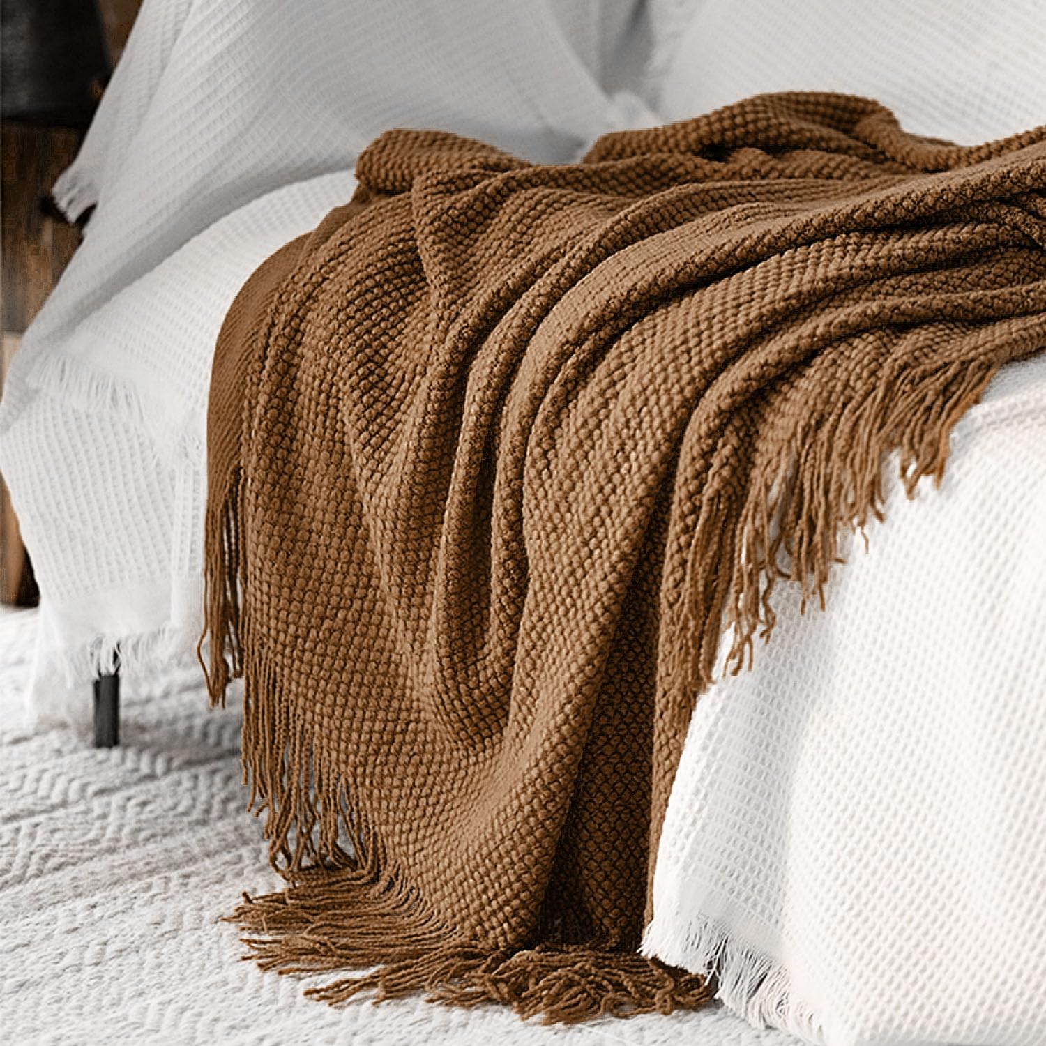 LOMAO Knitted Throw Blanket with Tassels - Soft Bubble Textured Lightweight Blanket for Sofa, Bed & Couch - Perfect for Home Decor, Living Room & Gift (Khaki, 60x80 Inches) - Cozy for Winter Nights, Movie Time & Relaxation