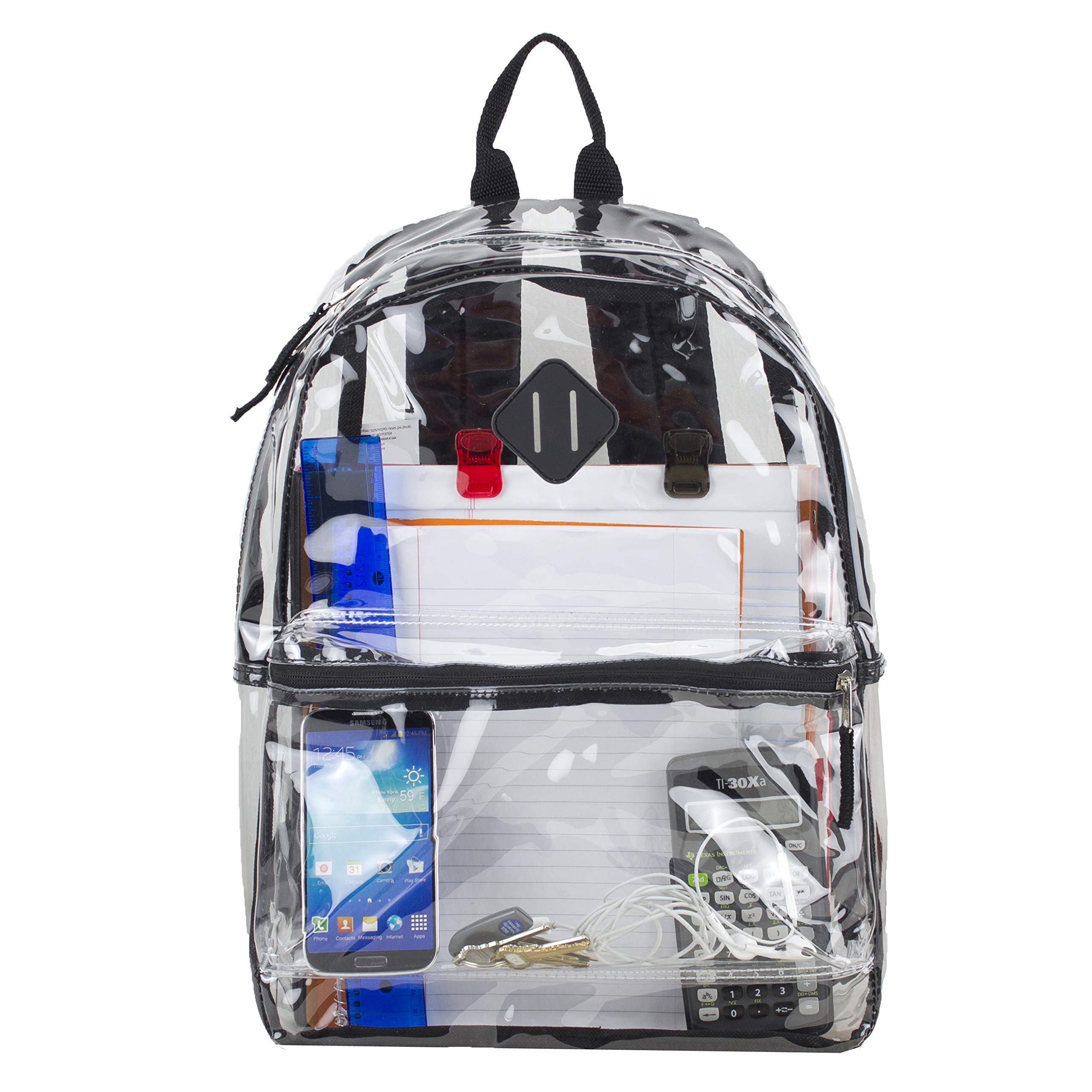 EastSport Clear Transparent Backpack with Front Pocket - Adjustable Shoulder Straps & Lash Tab - Black Trim One Size - Perfect for School, Work, Travel & Stadium Security Checks