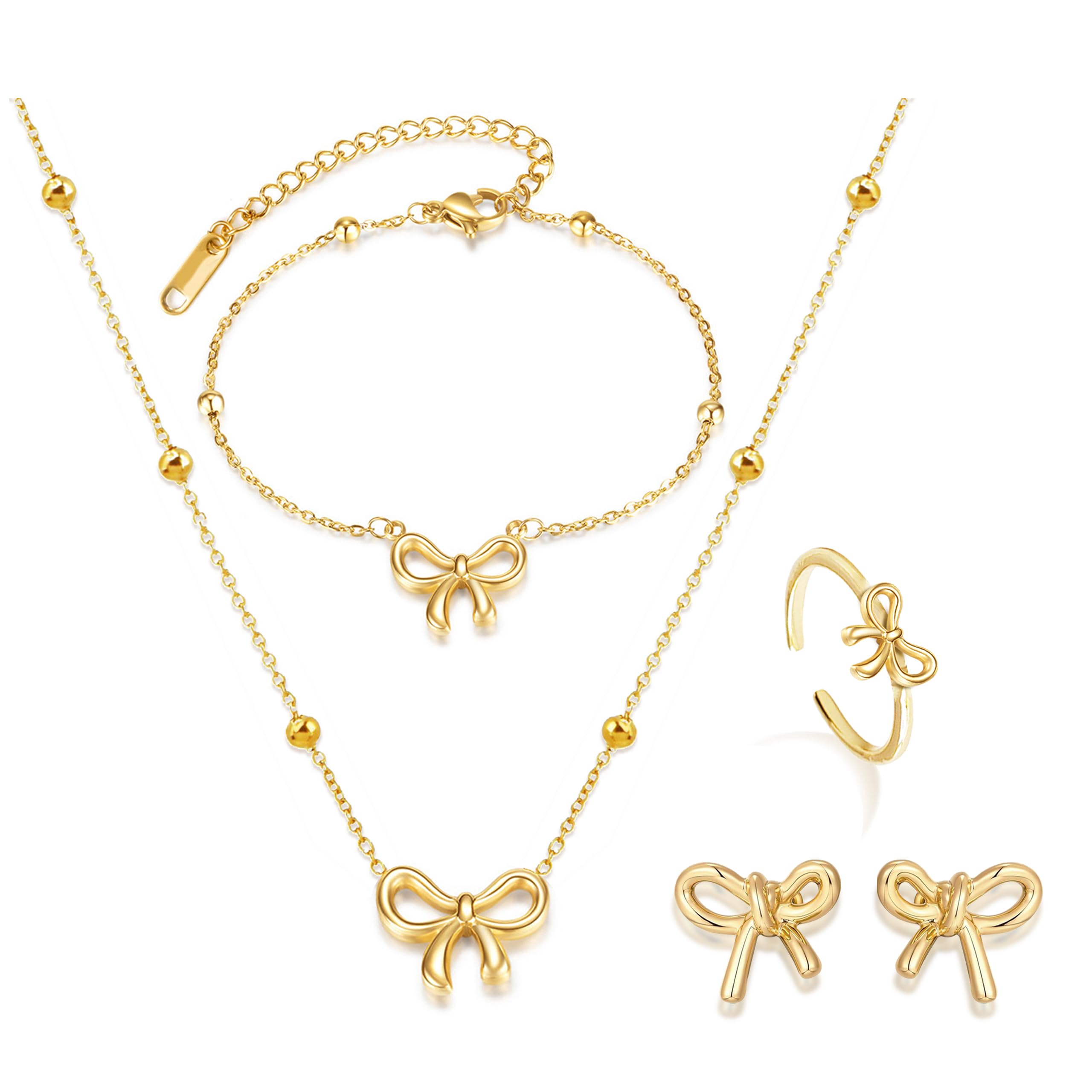 Elegant Bow Jewelry Set for Women - Necklace, Earrings & Bracelet | Bowknot Pendant Chain, Ribbon Stud Earrings | Coquette Accessories | Perfect Christmas Gift for Her | Ideal for Parties, Dates & Special Occasions
