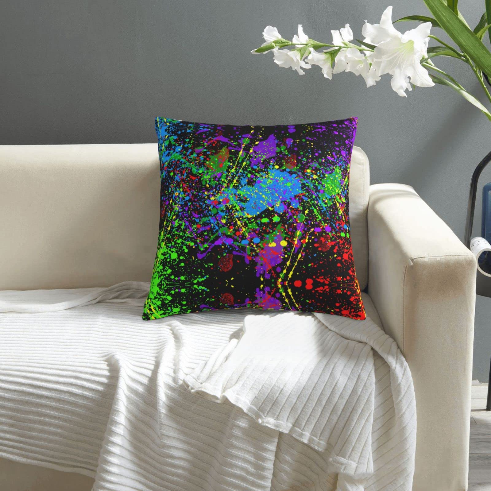 Glow in The Dark Splatter Neon Throw Pillow Covers - 18x18 Inch Square Decorative Pillowcases for Couch, Sofa & Bed - Double-Sided Pattern Home Decor - Perfect for Living Room, Bedroom & Dorm Room Aesthetic