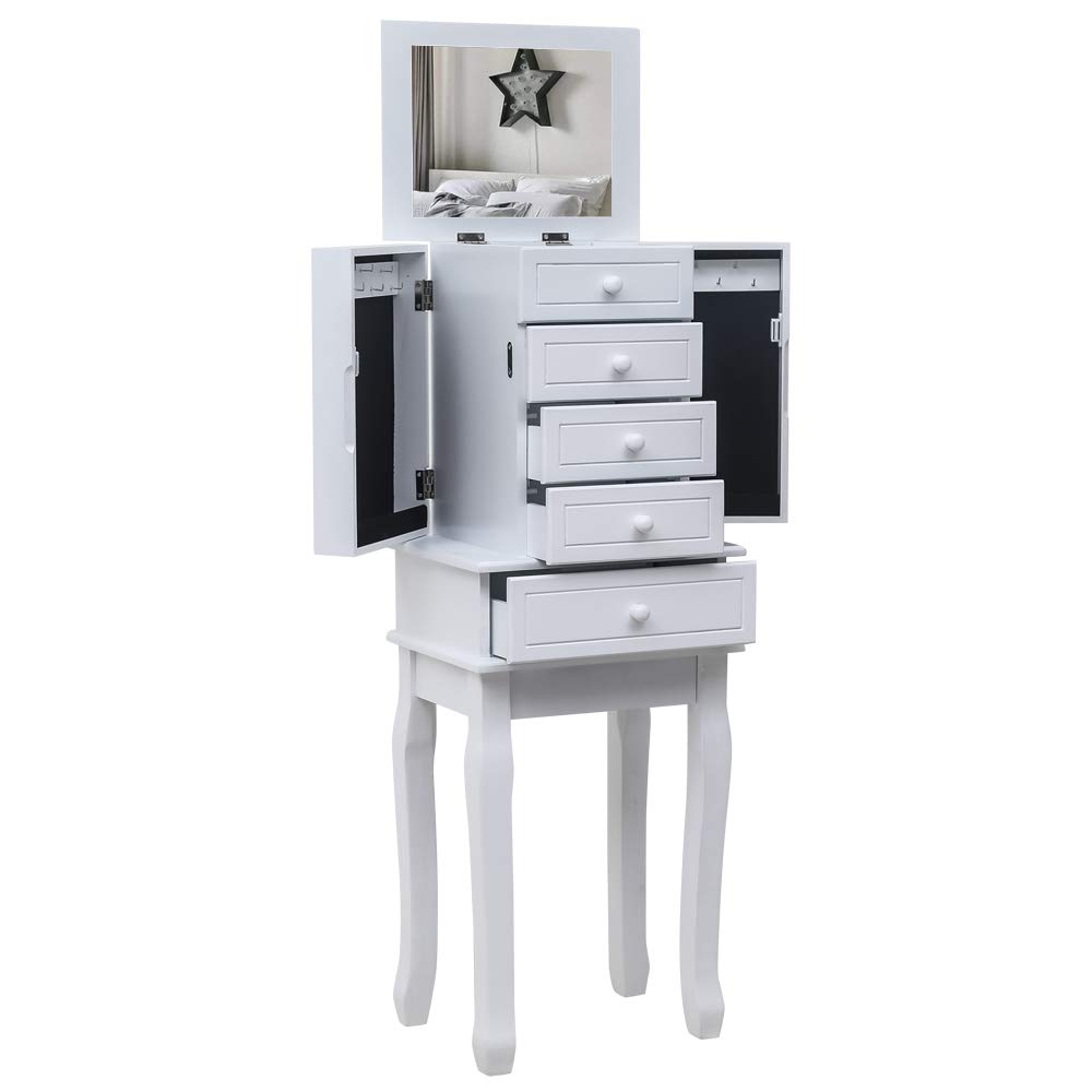 White Jewelry Armoire Cabinet with Mirror - 5 Drawers & 14 Necklace Hooks, Standing Jewelry Storage Chest with Top Organizer & 2 Side Swing Doors - Perfect for Bedroom, Closet or Dressing Room Organization