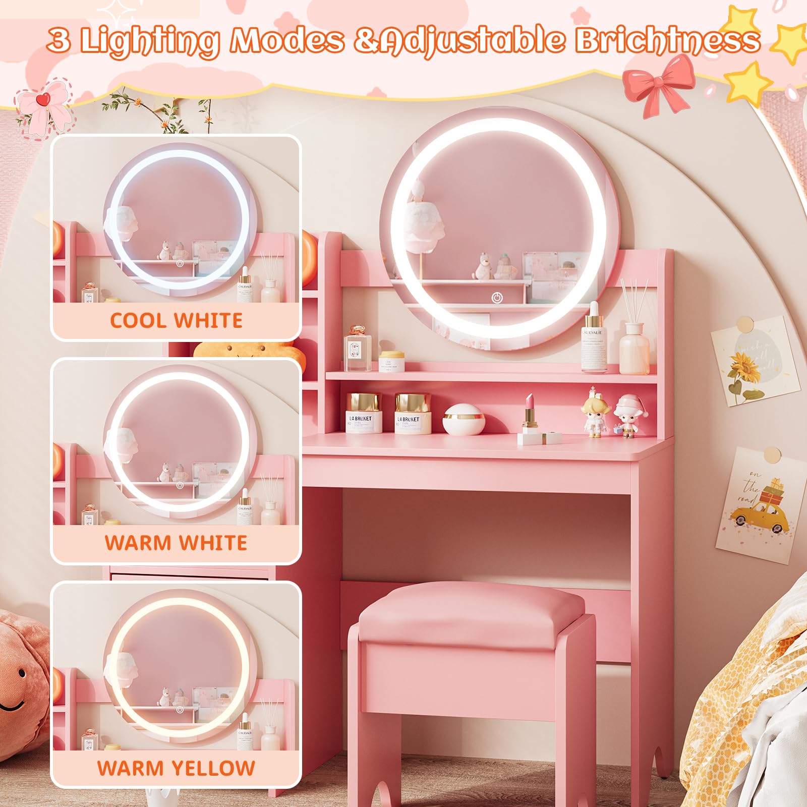 **Vabches Kids Vanity Set with LED Lights - Princess Makeup Vanity Desk with Open Bookshelf, Storage Cabinet & Shelves - Toddler Vanity Table & Chair Set - Pretend Play Dress Up Toy for Little Girls (Pink) - Perfect for Bedroom, Playroom & Birthday Gifts**